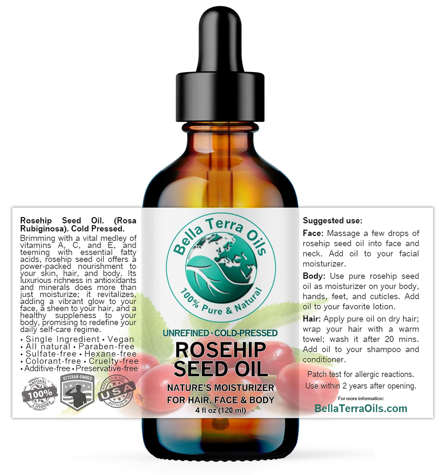 Bella Terra Oils - Organic Rosehip Oil 4 oz - Hailing from the Finest Rosa Mosqueta, Abundant in Omega-6 & Omega-3 Fatty Acids, Pure Radiance for Face