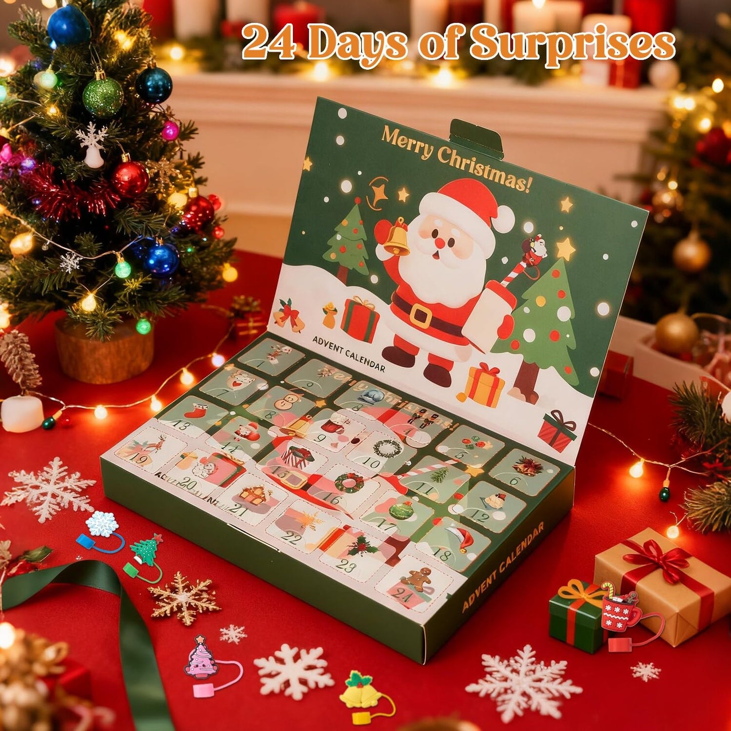 Straw Cover Advent Calendar 2025, Christmas Advent Calendar 2025, 24 Days of Surprises Gifts with 10mm Christmas Theme Straw Topper Caps for Cup 30Oz 40Oz Tumbler Adult Women Kids Teen Girls Boys