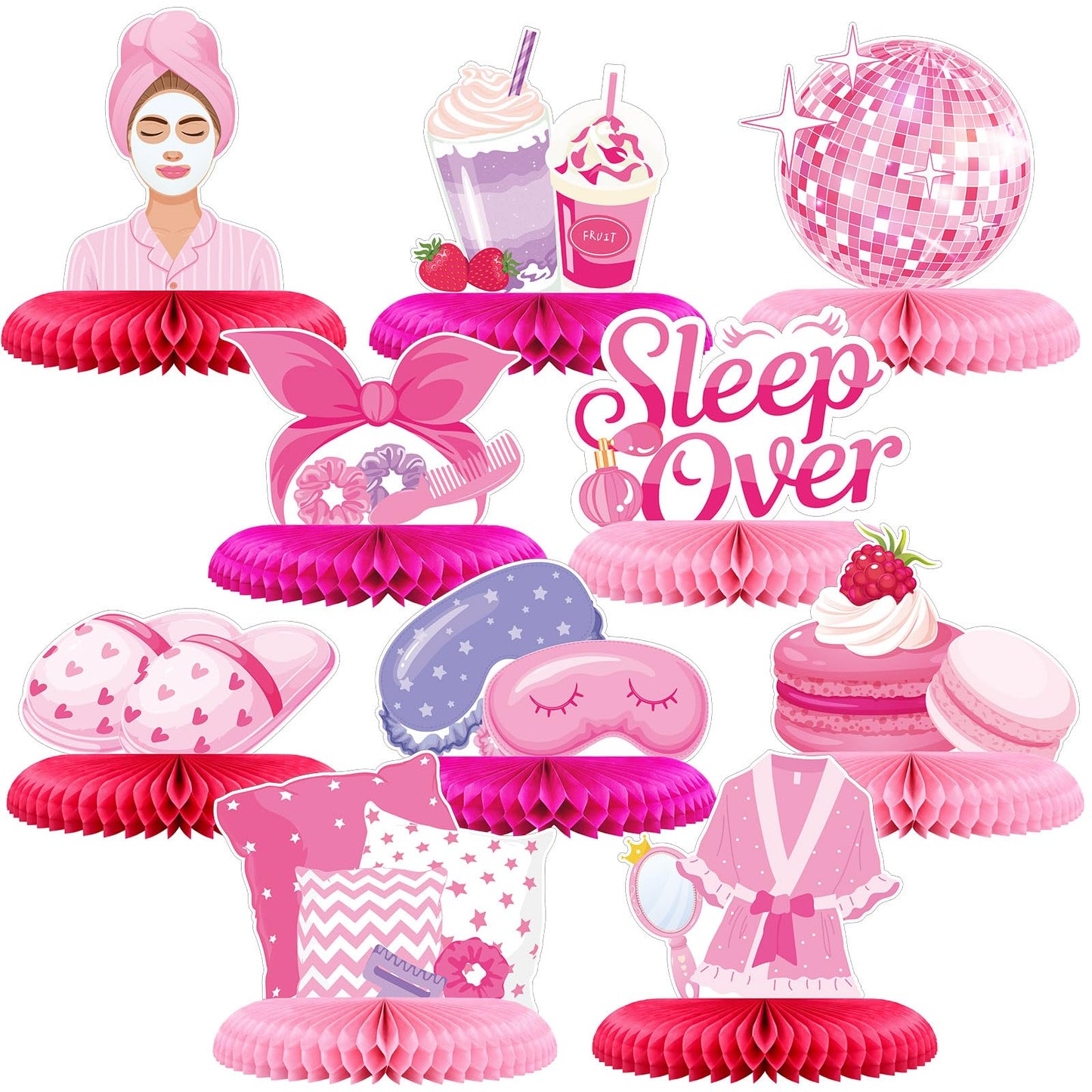 Censen 10 Pcs Sleepover Party Decorations, Pink Slumber Honeycomb Centerpieces, Spa Birthday Party Supplies Makeup Pajama Theme Table Decor
