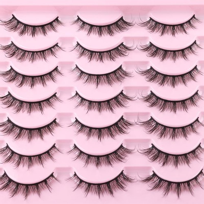 False Lashes Natural Look Wispy Eyelashes Manga Korean Spiky 16mm Short Faux Mink Eyelashes Fluffy Cat Eye Natural Fake Eyelashes Strip Lashes Pack 14 Pairs