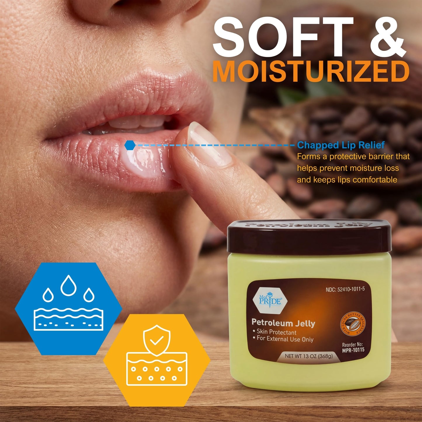 MED PRIDE Cocoa Butter Petroleum Jelly, 13 oz - Moisturizing Skin Protectant for Dry Skin, Cracked Hands, Chapped Lips, Rough Heels & Minor Cuts - Hypoallergenic Cocoa Scented Ointment
