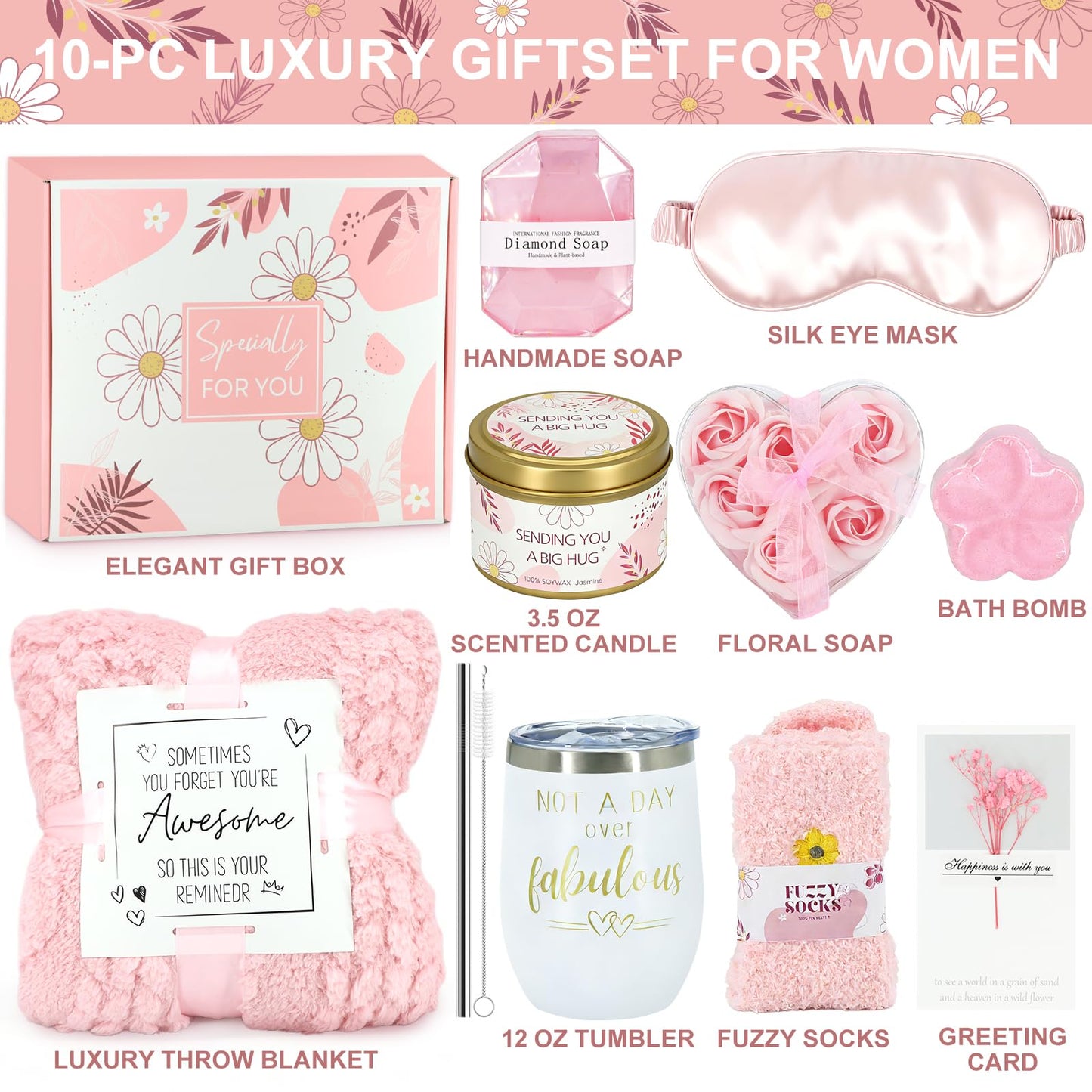 Birthday Gifts for Women Mother's Day Gift Self Care Get Well Soon Gifts Flower Relaxing Spa Gift Basket Bath Set,Unique Luxury Self Care Box Gift for Mom Her Wife Sister Girlfriend, Girl Friend Pink