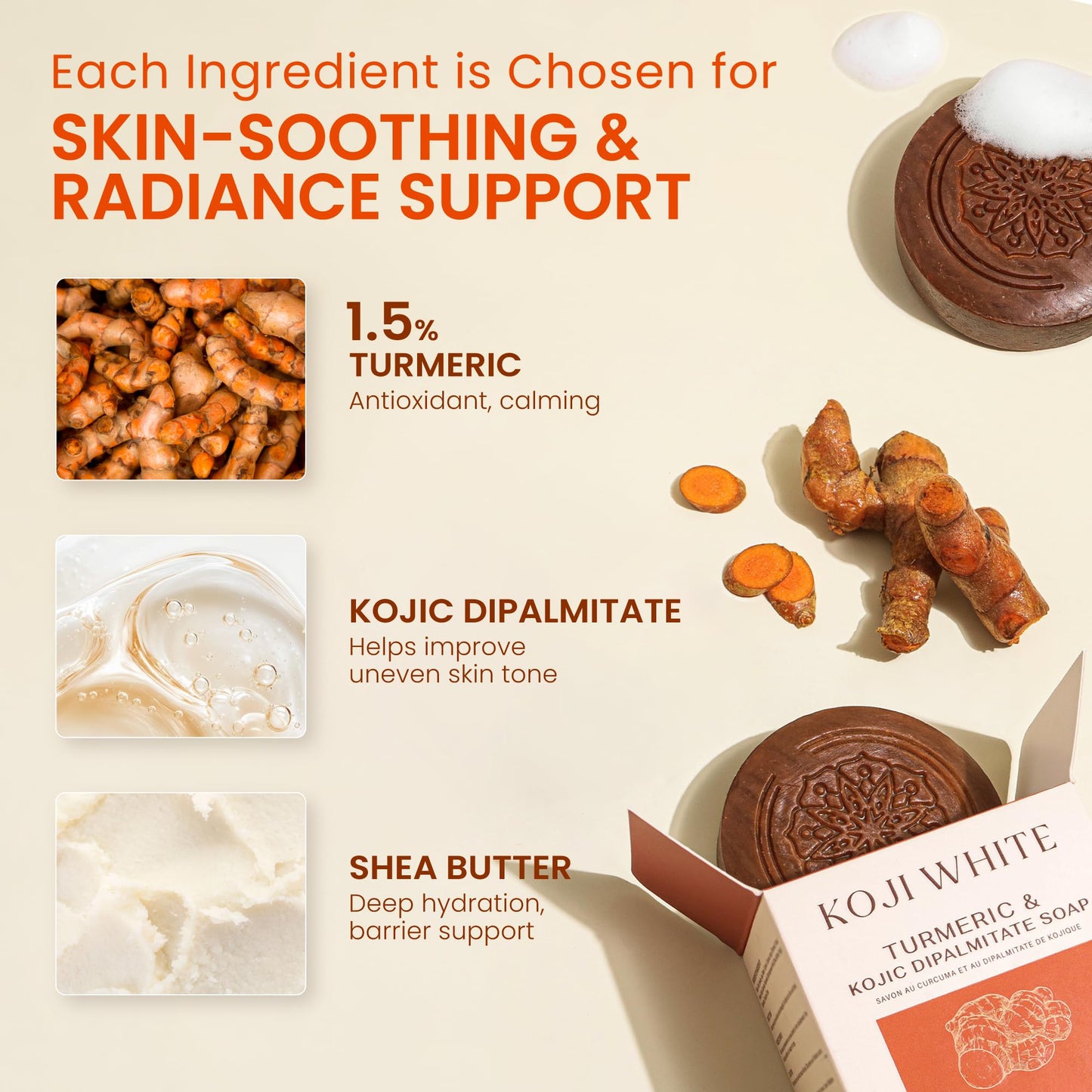 Koji White Turmeric Kojic Acid Soap, Unscented Soap for Sensitive Skin, Uneven Skin Tone, Smooth Skin for Face & Body-Acne with Shea Butter - Vegan, Fragrance-Free, Hypoallergenic, 2.82 oz (2 Bars)