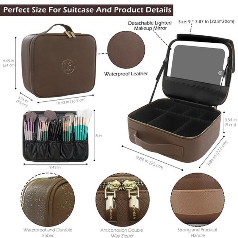 MOMIRA Travel Makeup Bag Cosmetic Bag with Lighted Mirror, Adjustable Brightness in 3 Color Scenarios, Waterproof, 10x Magnifying Mirror, Rotatable Independent Light Mirror- Brown(Solid)