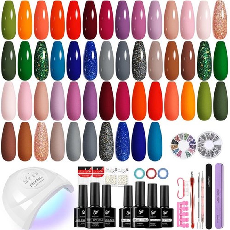 Phoenixy 47 PCS Gel Nail Polish Kit with 48W U V Light, Fall Gel Polish Nail Set 26 Colors Dark Blue Orange with Base Matte Top Coat Manicure Tools Nail Art Salon DIY at Home Gift for Women
