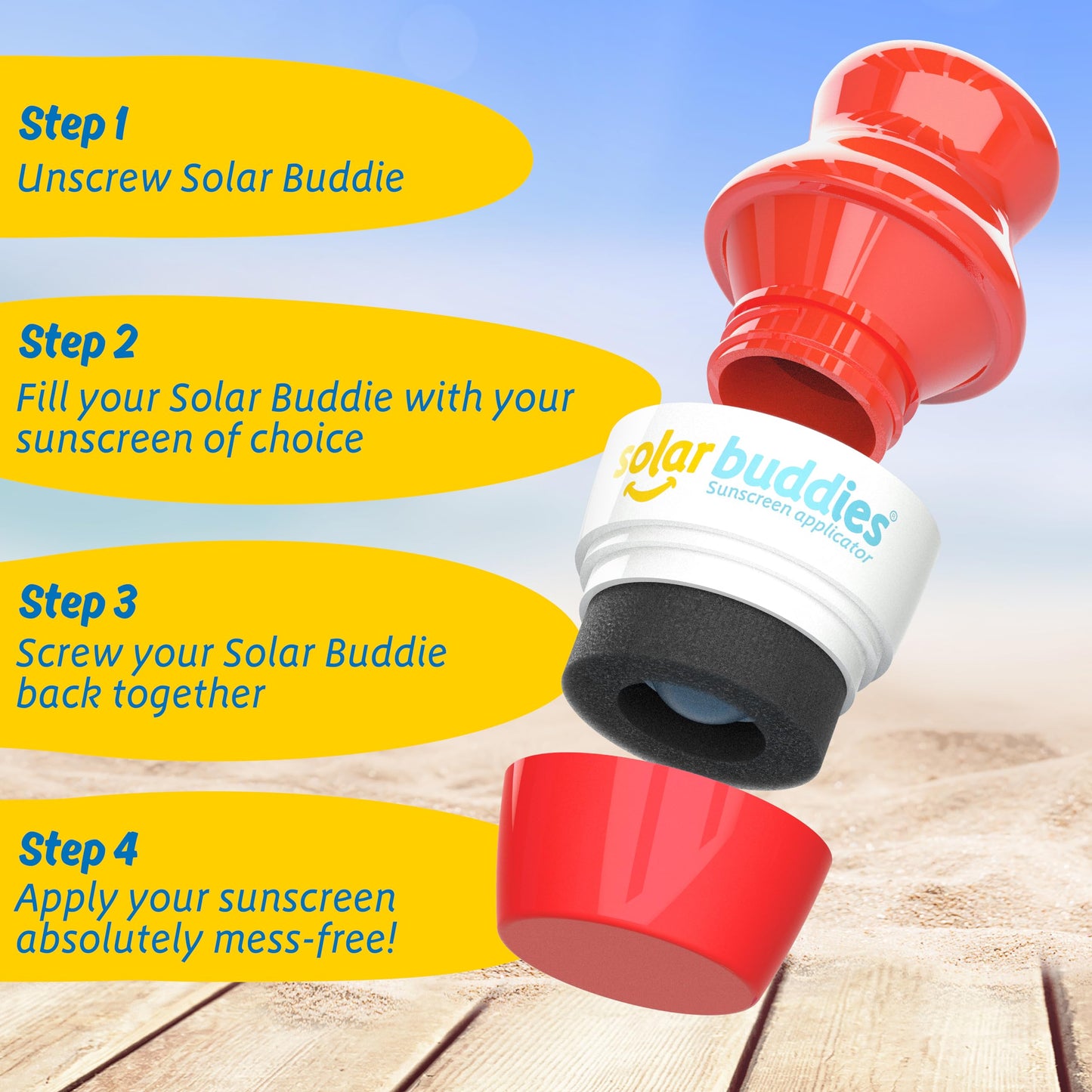 Solar Buddies Grab & Go Travel Bundle, Carabina Clip & Cleaning Brush - Single Full Red - Refillable Roll on Sponge Sunscreen, Suncream & Lotion Applicator For Kids, Adults & Families - Holds 100ml