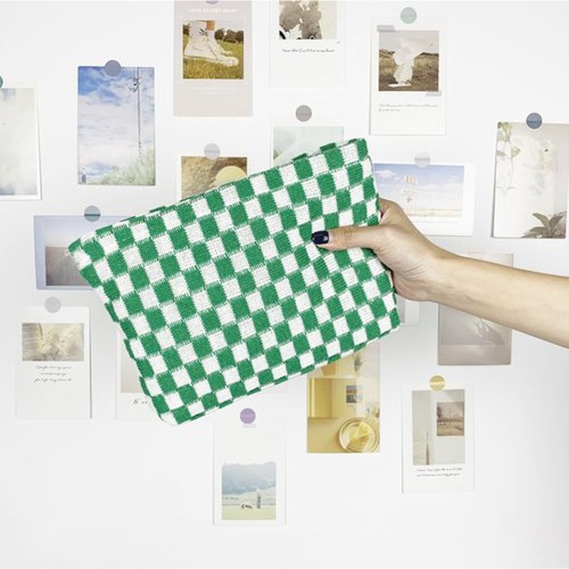 PAZIMIIK Knitted Checkered Makeup Bag Large Zipper Make Up Accessory Pouch for Purse Cosmetic Brush Bag for Travel Essential,Green