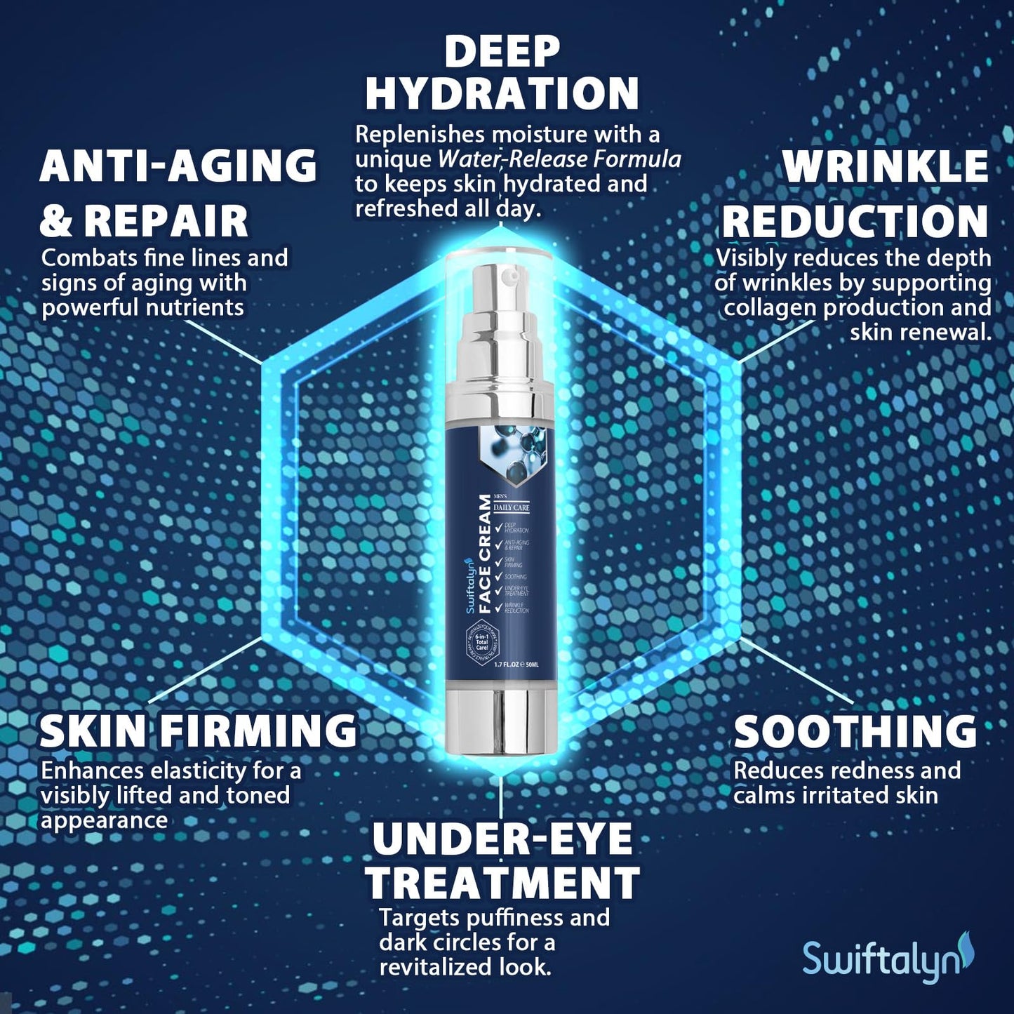 Swiftalyn 6-in-1 Face Cream for Men: Men's Face Moisturizer Anti-Aging Cream, Dark Spot & Eye Bag Treatment, Reduces Wrinkles – Men's Skincare