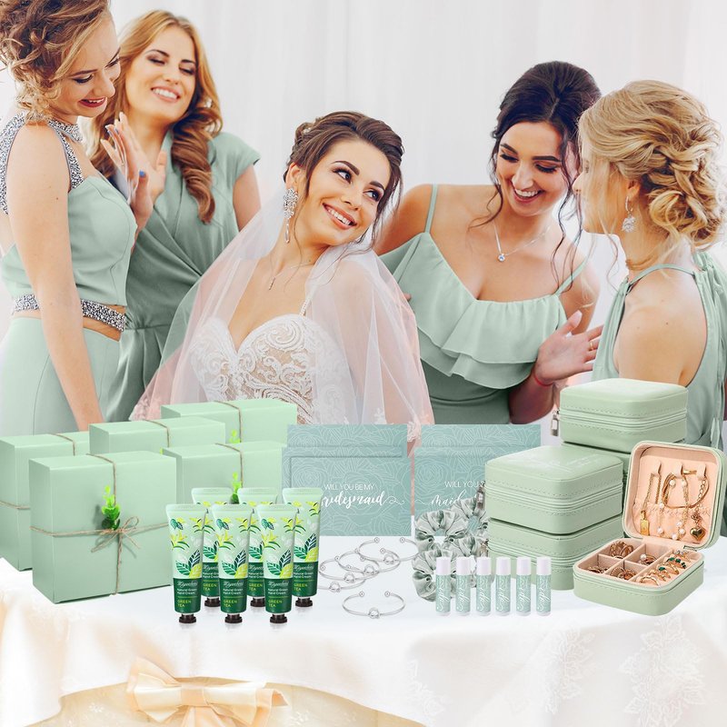 Teenyyou 60 Pcs Bridesmaid Proposal Gifts Bridesmaid Box Set Maid of Honor Gift Wedding Bridal Shower Include Jewelry Box Glass Cup Scrunchies Hair Knotted Bracelets Hand Cream Lip Balm Cards(Green)
