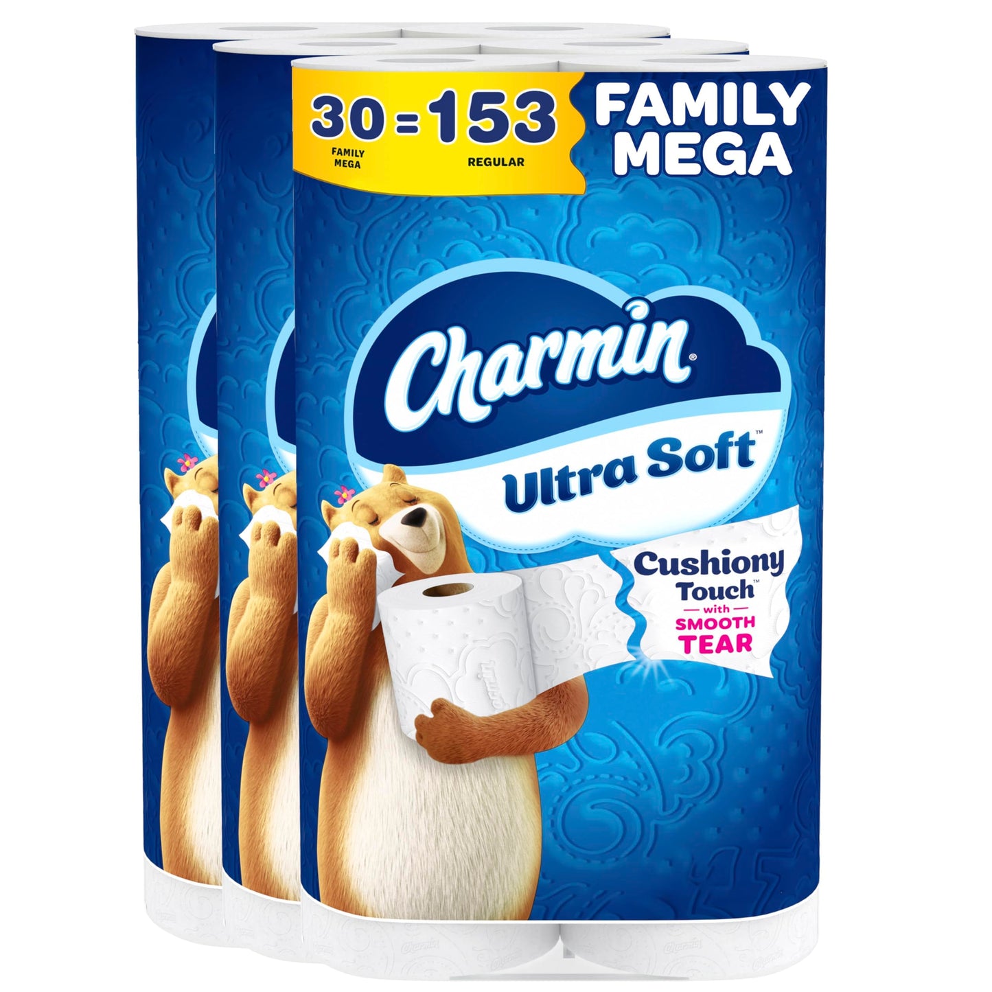 Charmin Ultra Soft Cushiony Touch Toilet Paper, 30 Family Mega = 153 Regular Rolls, 2-Ply, White