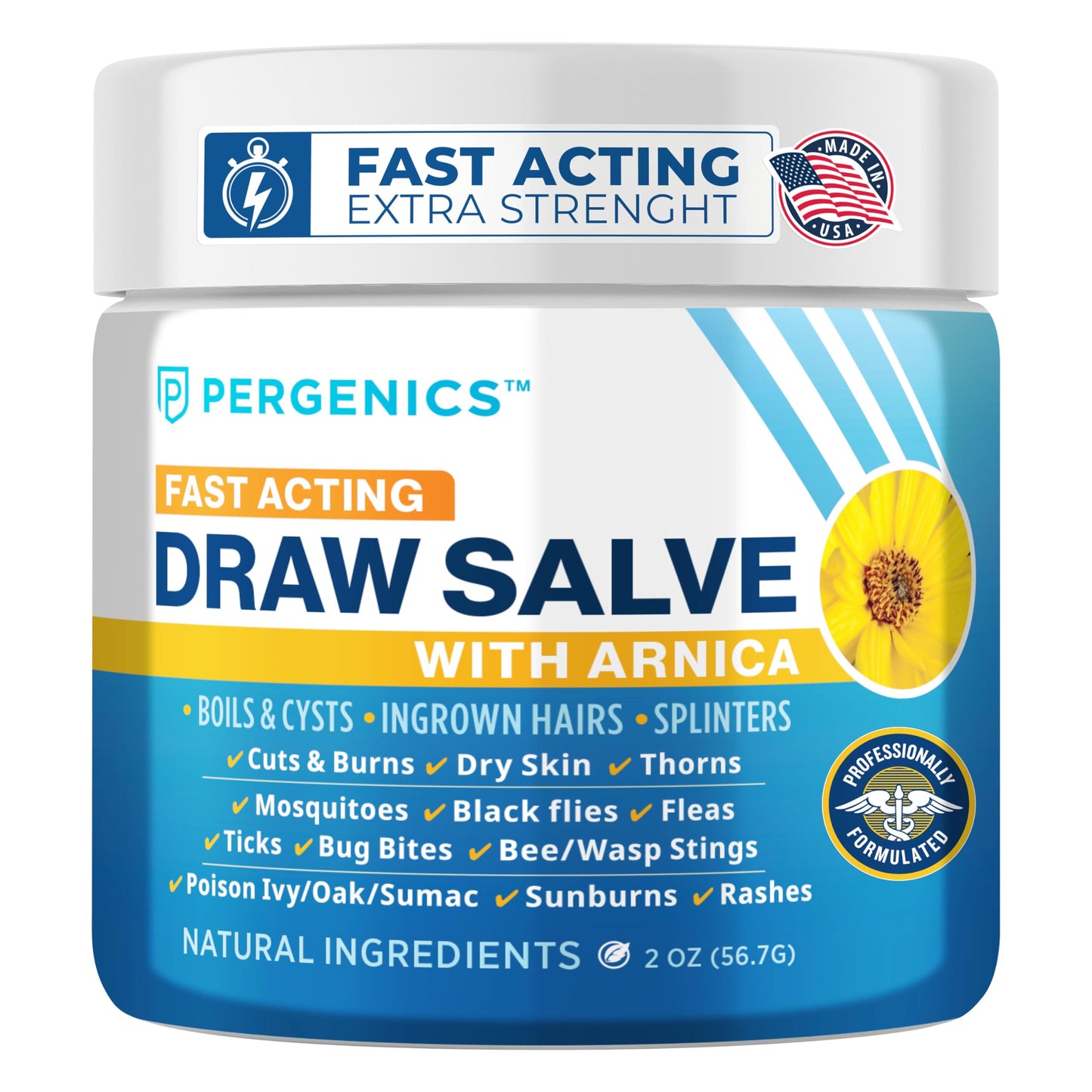 Pergenics Drawing Salve with Arnica Ointment, for Dry Skin, Cuts, Burns, Rash, Poison Ivy Oak, Itching, Insect Bites, Bee Sting, Ingrown Hair, 2 Oz