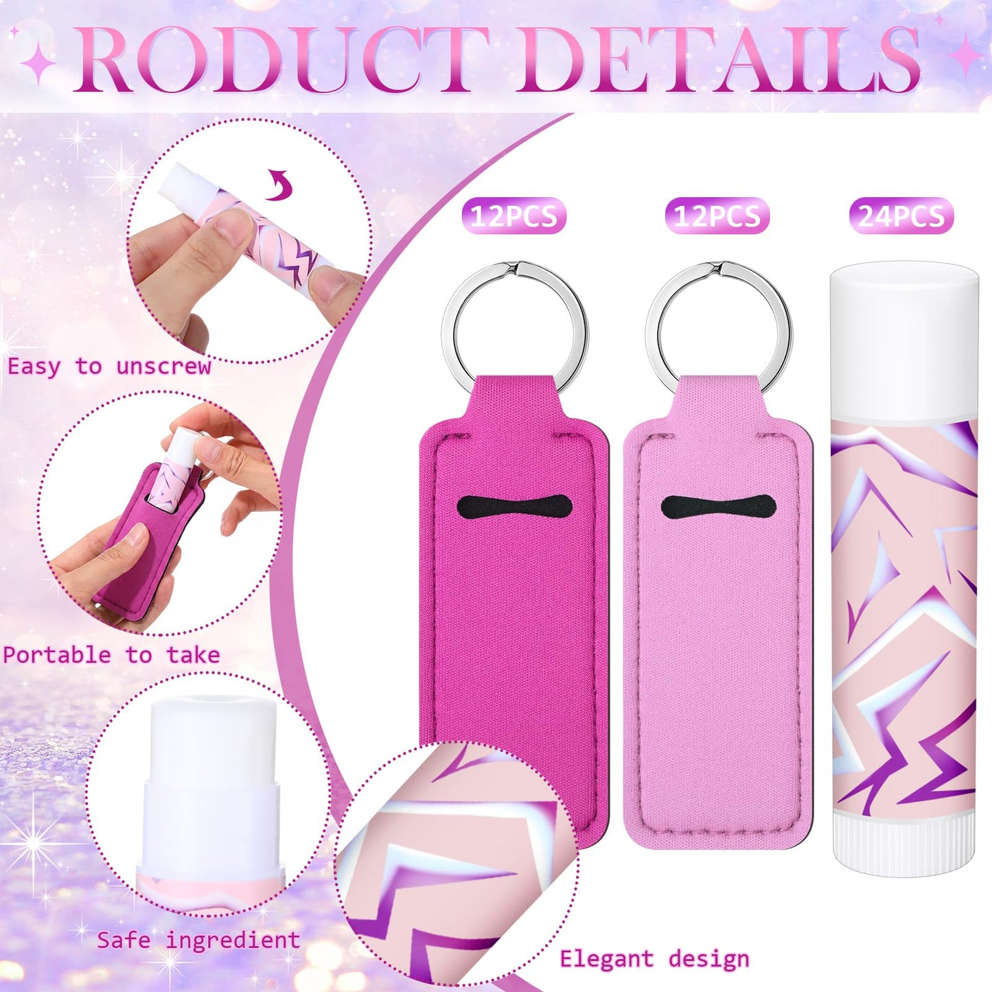 Sacubee 48 Pcs K Pop Themed Lip Balms Party Favors Bulk Neon Purple Girl Power Design Lipstick with Holder Keychains K Pop Theme Party Favor Goodie Perfect for Birthday Parties and Friend Gatherings