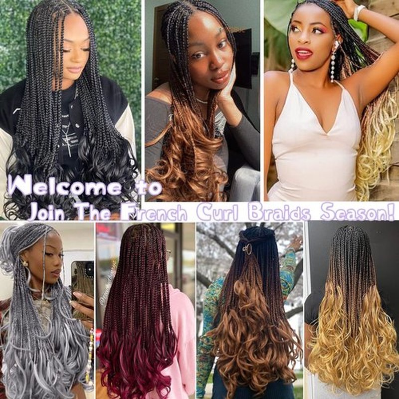 French Curl Crochet Braids 22 Inch 8 Packs Goddess Box Braids Crochet Hair for Women Pre Looped Crochet Box Braids with Curly Ends Synthetic French Curly Braiding Hair Extensions (1B/30)