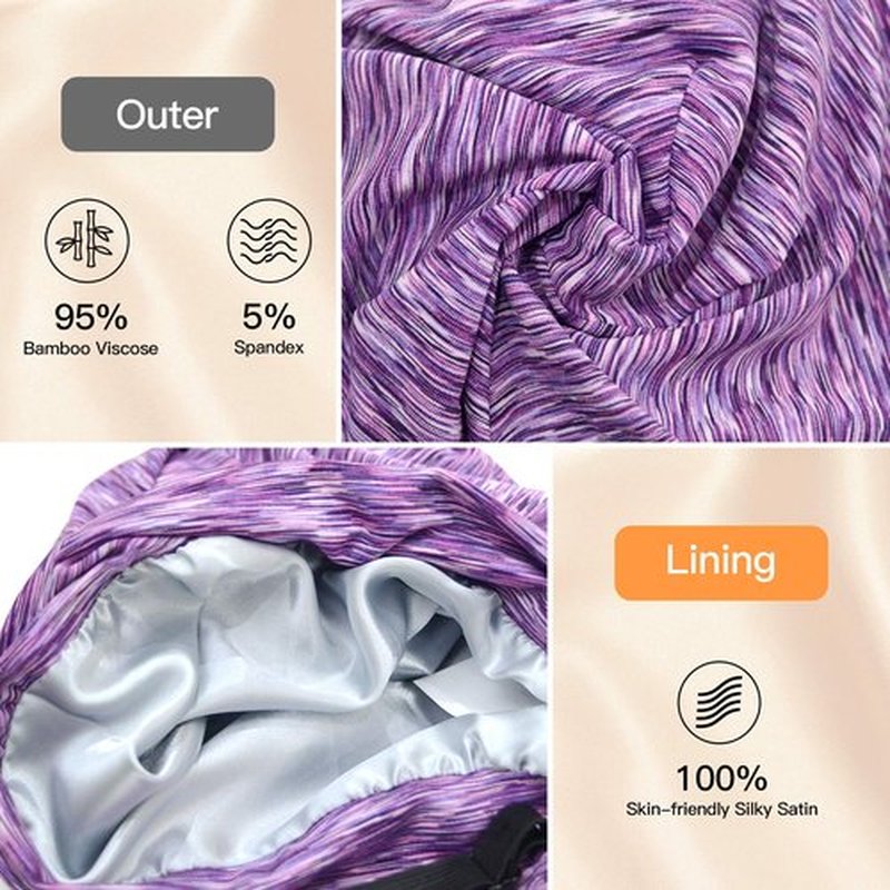 Silk Satin Lined Bonnet Sleep Cap - Adjustable Stay on All Night Hair Wrap Cover Slouchy Beanie for Curly Hair Protection for Women and Men - Heather Purple