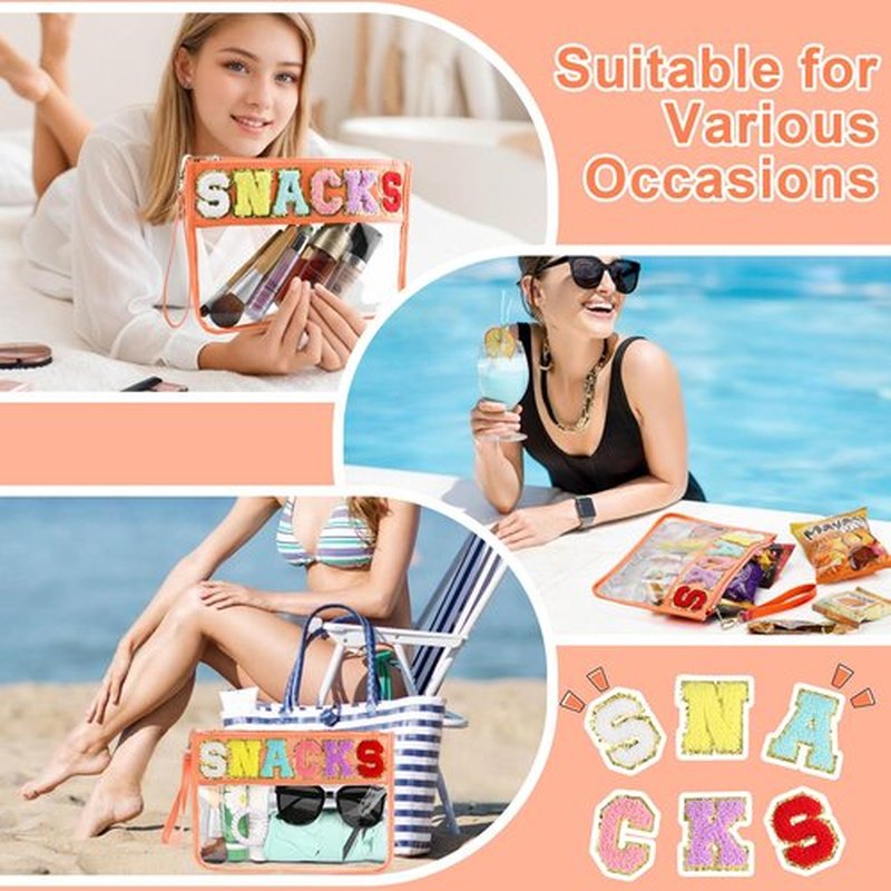 Snack Bag for Travel - Clear Chenille Varsity Letter Flat Pouch with Zipper, Waterproof Clear PVC&PU Preppy Patch Makeup Cosmetic tote Bags for Women Girls (Orange-Snacks)