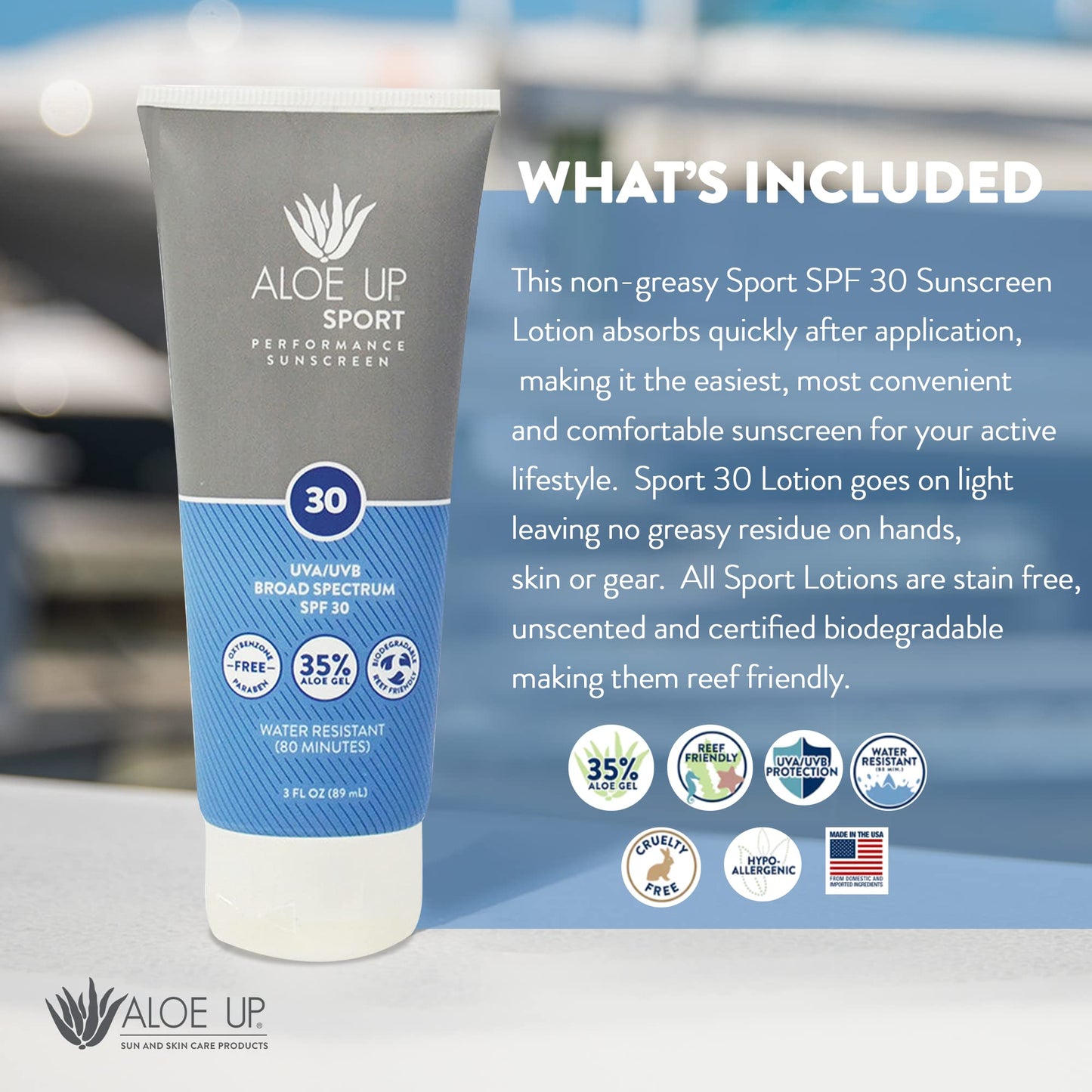Aloe Up Sport Sunscreen Body Lotion SPF 30 | Broad Spectrum Sunblock Aloe Vera Gel | Non-Greasy,Skin Sun Protection, No White Cast |, Water Resistant 80 Minutes | Fragrance-Free, 3 Oz