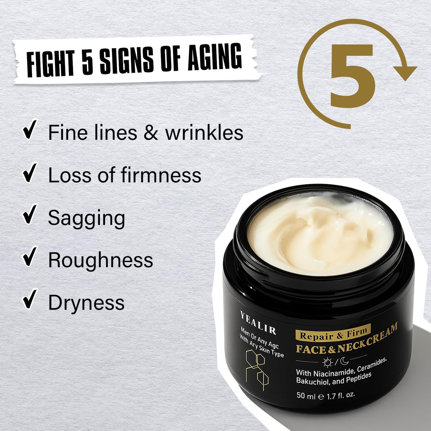 Mens Face & Neck Moisturizer Cream, Firming, Lifting & Anti-Aging Cream with Peptides, Bakuchiol, Niacinamide & Ceramides, Oil-Free Formula, Day & Night Use, Gifts for Men, 1.7 Fl Oz