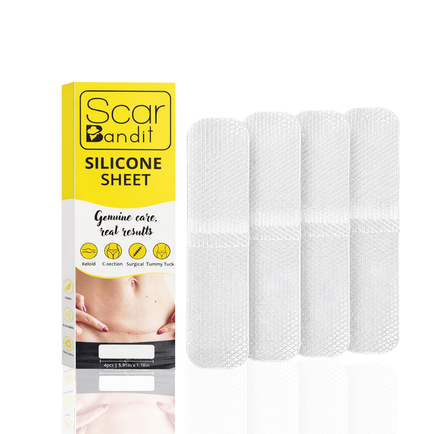 Scar Bandit Silicone Scar Sheets for C-Section & Surgical Scars – Silicone Scar Tape for C-Section Recovery After Birth, Tummy Tuck & Surgery – Flexible Scar Sheets for Keloid & Scar Care - 4 pcs
