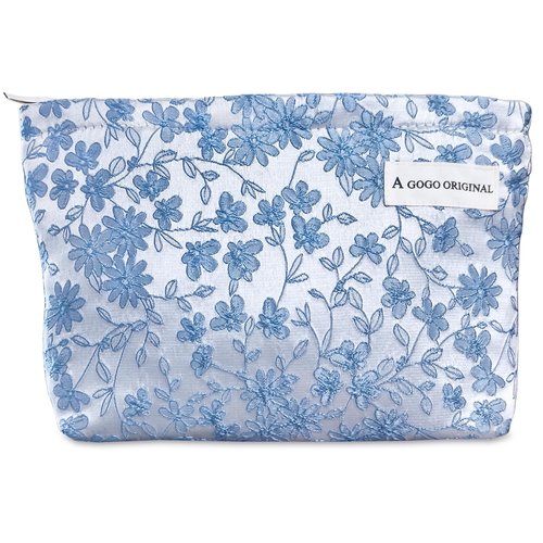STARDW Makeup Bag for Women and Girls Travel Toiletry Bag Large Capacity Makeup Organizer Bag Flower Cosmetic Bags Zipper Pouch (Embroidery Blue)