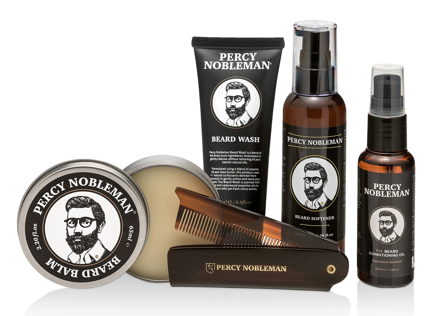 Percy Nobleman Complete Beard Care Kit – Beard Grooming Gift Set with Beard Softener, Scented Beard Oil, Beard Balm, Beard Wash and Folding Acetate Comb for Softening, Hydration & Styling