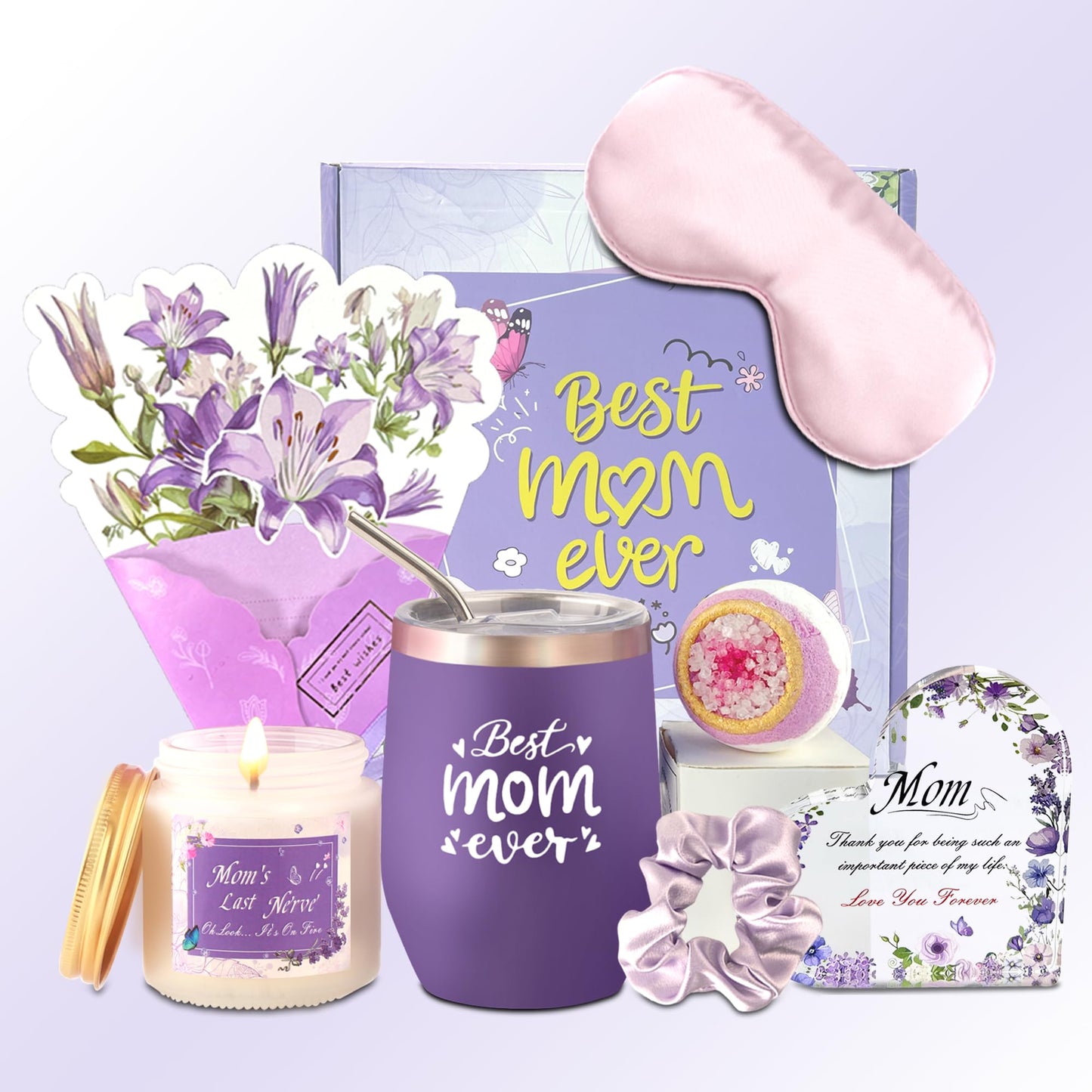 Neekiko Gifts for Mom, 9PCS Unique Mom Birthday Gifts, Purple Lavender Relaxing Gift Basket Set with 12oz Wine Glass, Mothers Day Gifts from Daughter Son