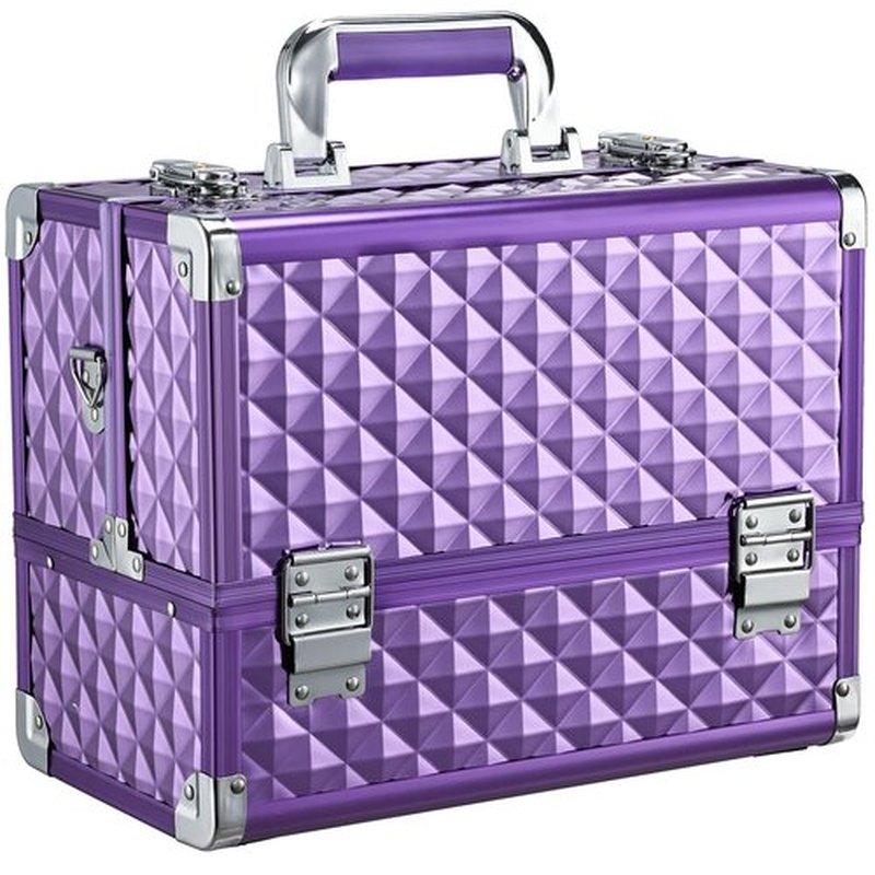 FRENESSA Extra Large Makeup Organizer Case Cosmetic Train Case 6 Trays Large Bottom with Shoulder Strap Travel Makeup Case for Makeup Artist, Cosmetology, Nail Tech Kits Makeup Box Storage Purple