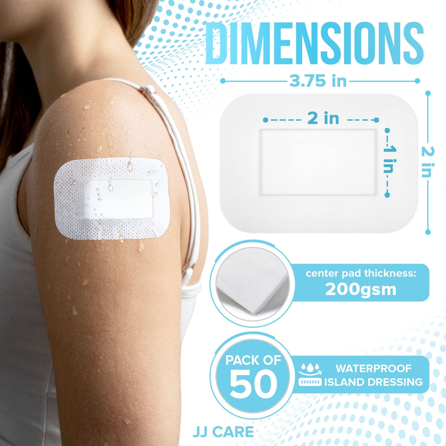JJ CARE Waterproof Adhesive Island Dressing [Pack of 50], 2" x 3.75" Sterile Bordered Gauze, Breathable Island Wound Dressing, Individually Wrapped Adhesive Gauze Bandages with Non-Stick Central Pad