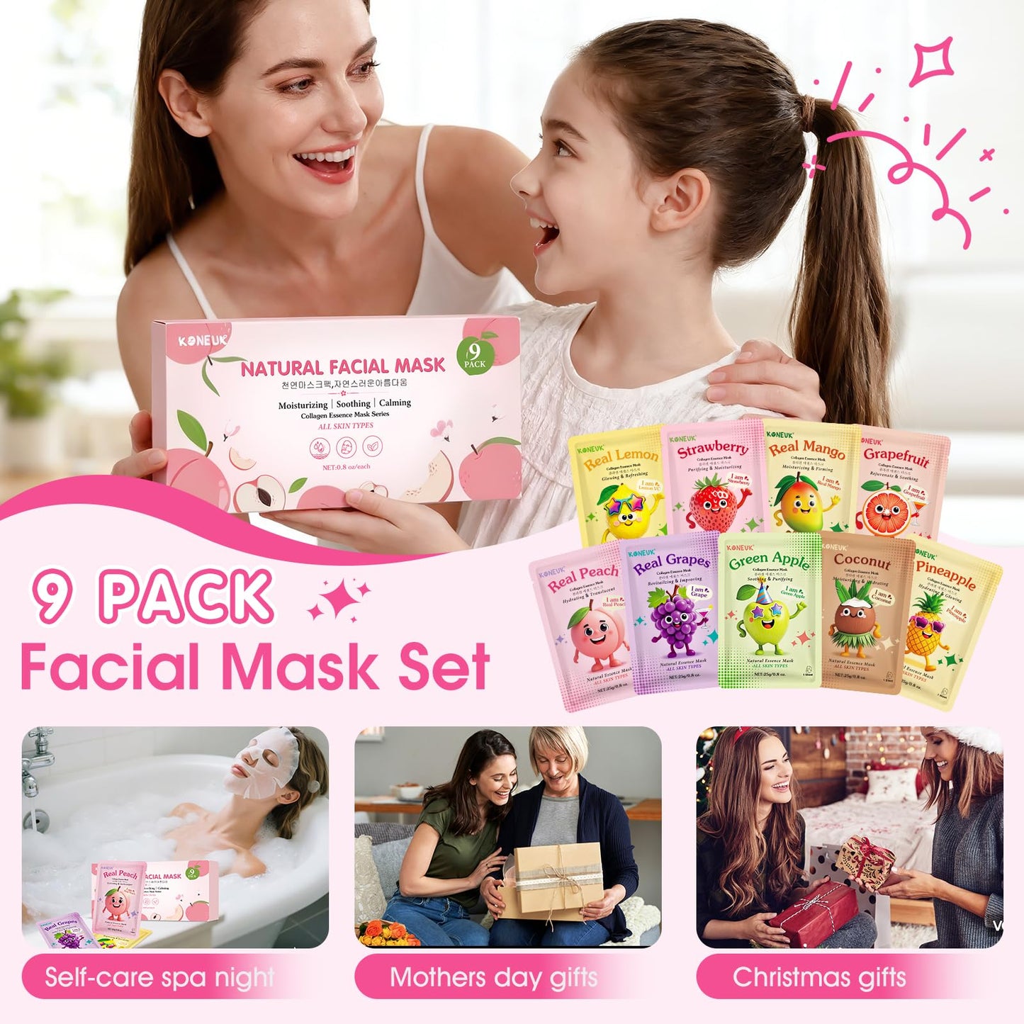 KONEUK 9 Pack Fruit Face Masks Skincare for Kids, Bulk Collagen Face Mask for Teens Women, Skin Care for Kids, Sleepover Party Supplies, Spa Birthday Party Supplies and Gifts for Girls