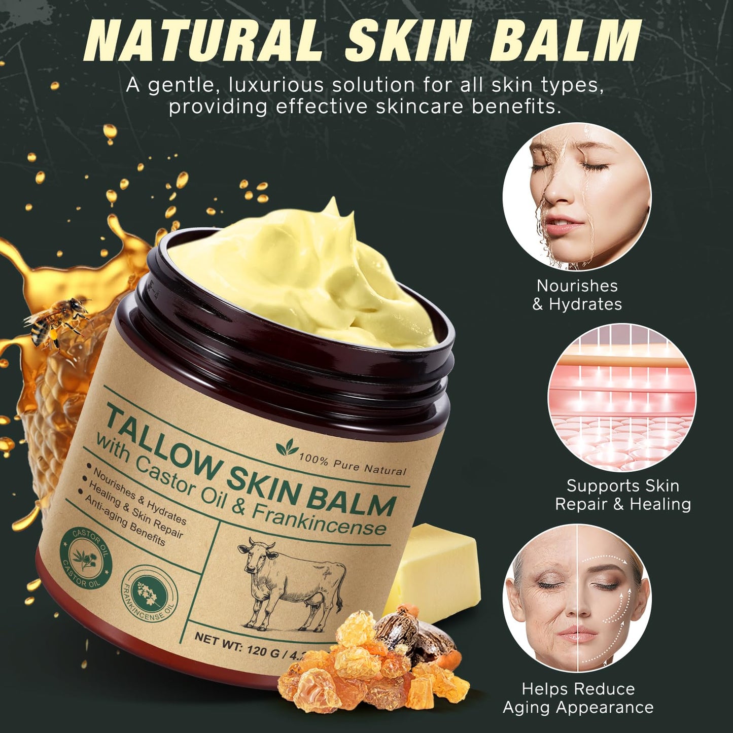 NVXNMSD Beef Tallow, Castor Oil, and Frankincense Oil Skin Balm - 100% Grass-Fed Tallow for Skin Care - Face & Body Moisturizer for Sensitive Skin, Deeply Moisturizing & Nourishing - 4.2 oz