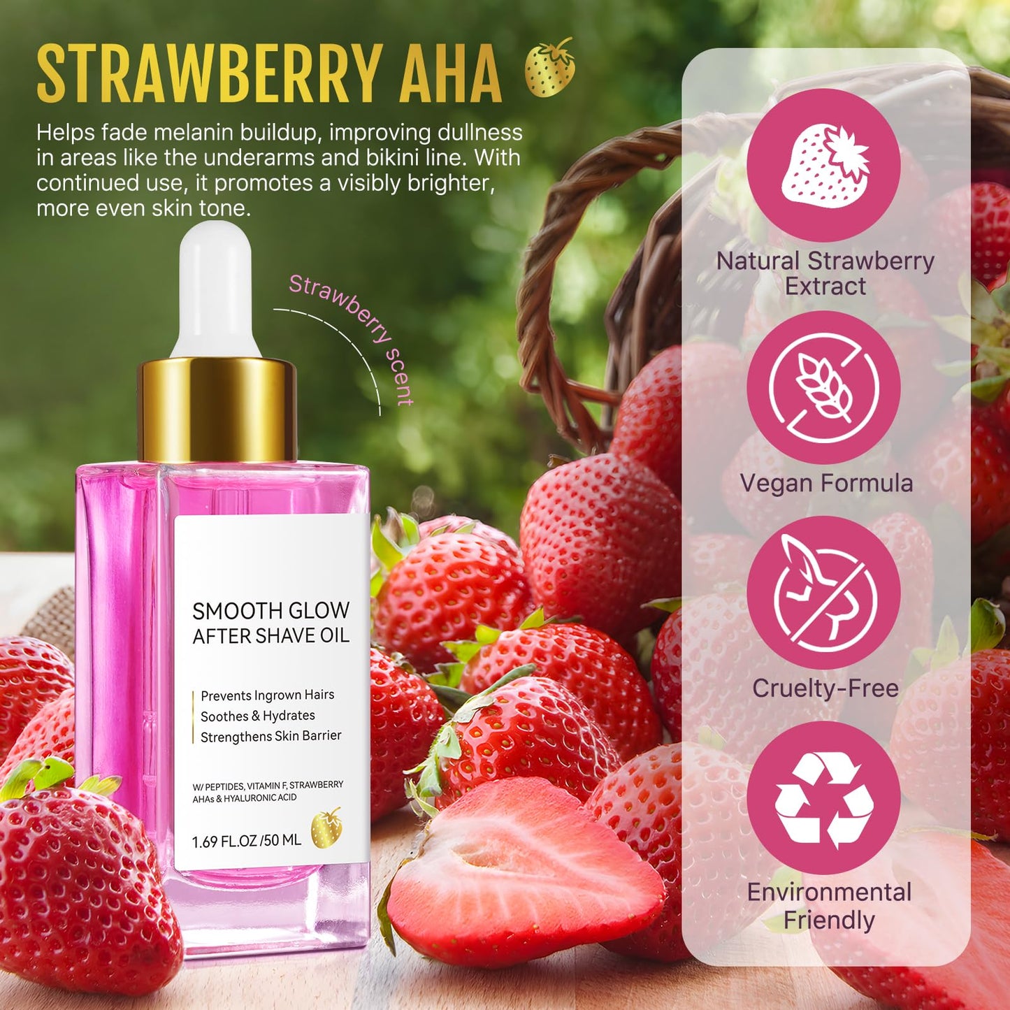 KITNOBLIS After Shave Oil Women for Smooth Skin, Strawberry Shaving Oil with Peptides & Hyaluronic Acid - Razor Bump Prevention & Anti-Aging Treatment for Ingrown Hair, Hydration & Soothing (50 ML)