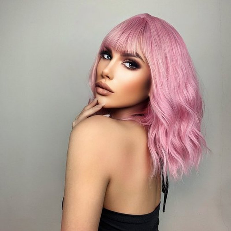 MAGQOO Pink Wig for Women Pink Bob Wig Pastel Short Curly Wavy Wig with Bangs Synthetic Heat Resistant (Pink)