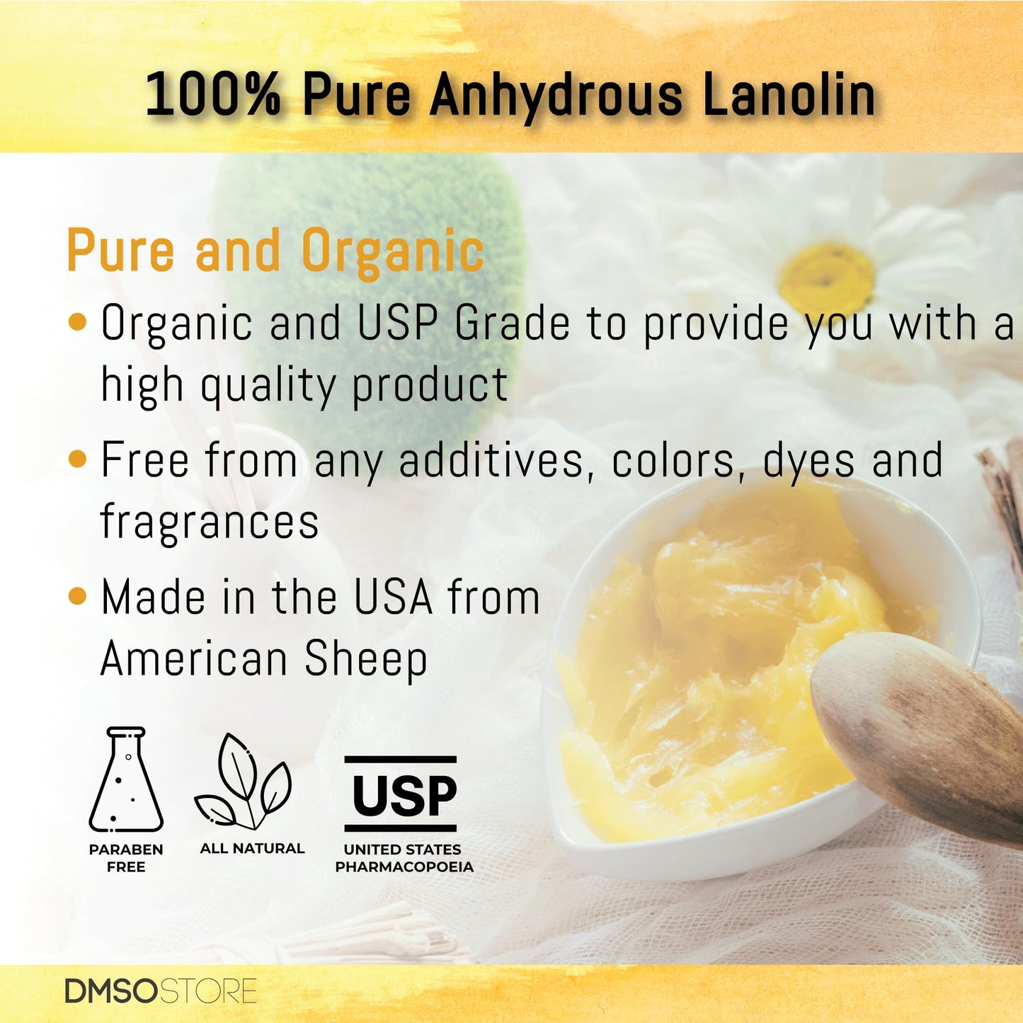 DMSOSTORE Lanolin 100% Pure Unrefined Sheep Wool, USP Grade, 1 lb
