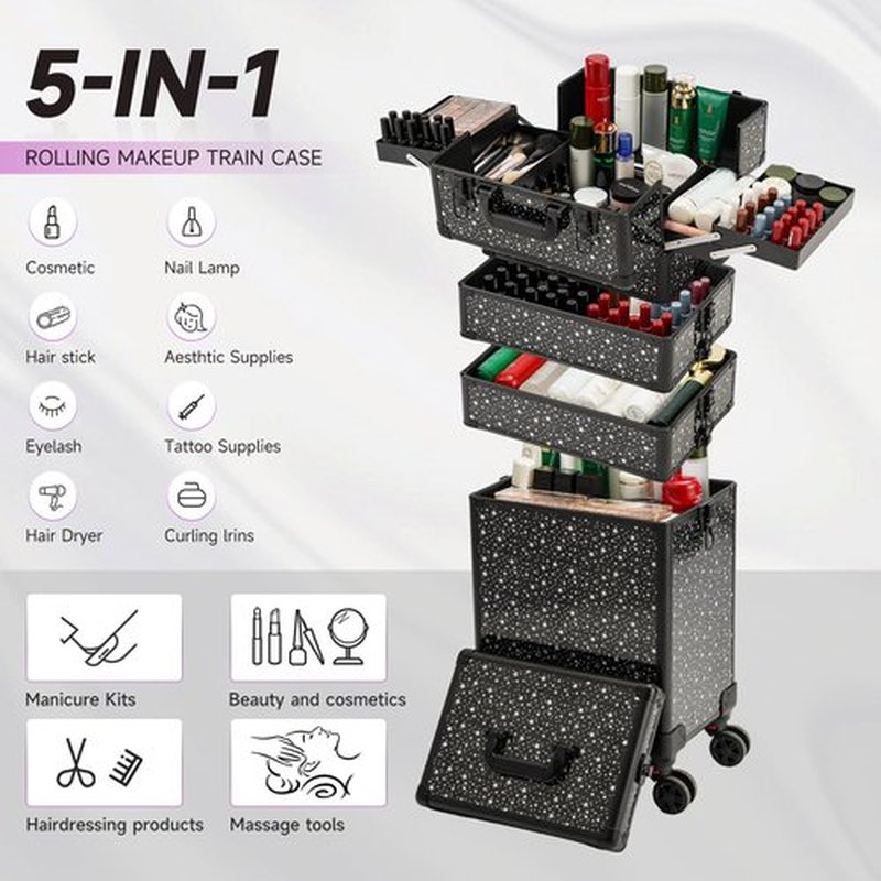 Leeora&Leekoo Portable Multi-Storey Nail Case for Nail Tech Organizer - Wheels Makeup Case Organizer, Cosmetic Case, Makeup Train Case, Make Up Case (Flashing Star)