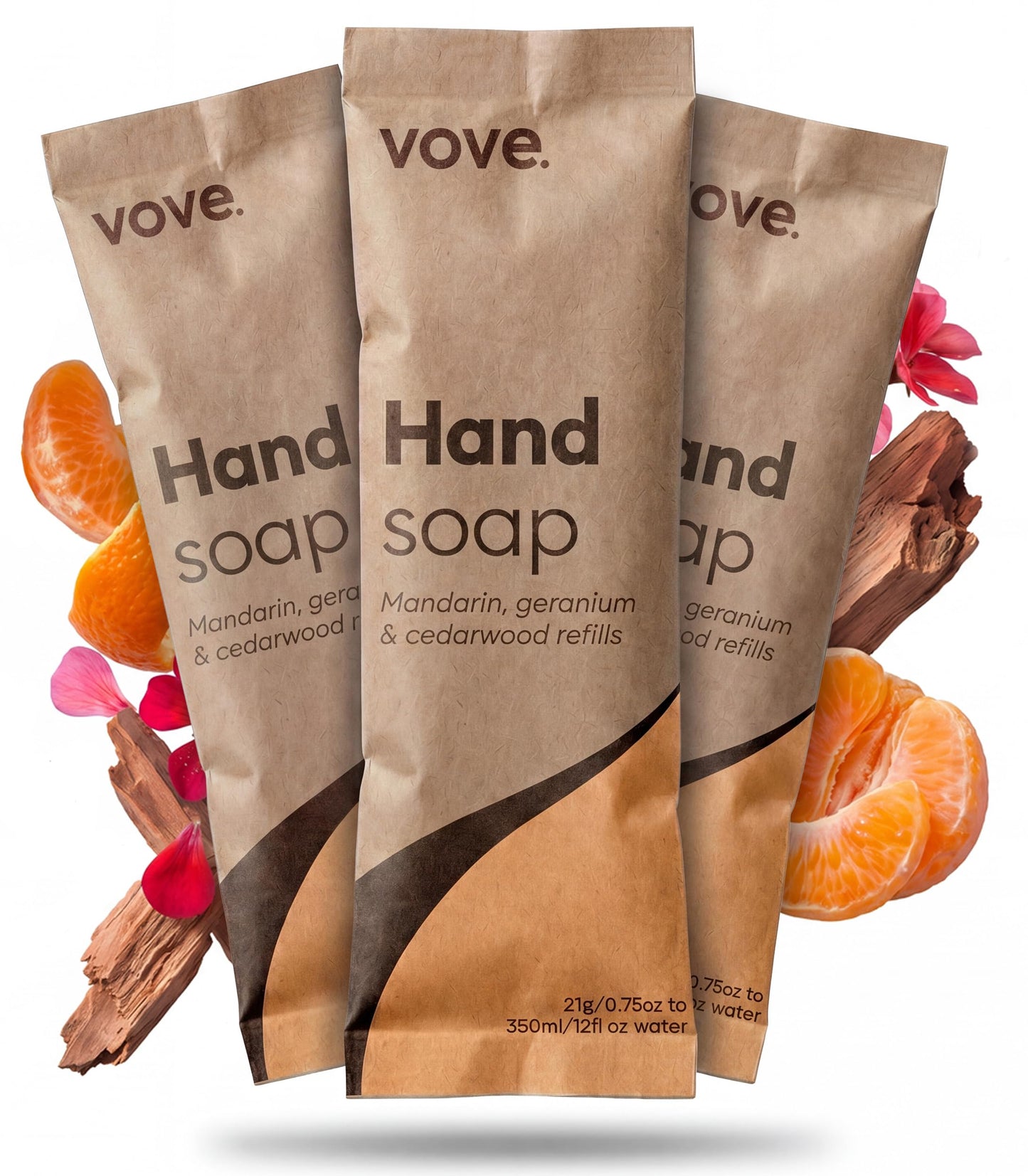 Vove Hand Soap Refills 3-Pack, Mandarin, Geranium & Cedarwood, Powder-to-Gel Hand Wash with Aloe Vera & Cactus Extract, Plant-Based Formula, Moisturizing Allantoin, Plastic-Free Compostable Packaging