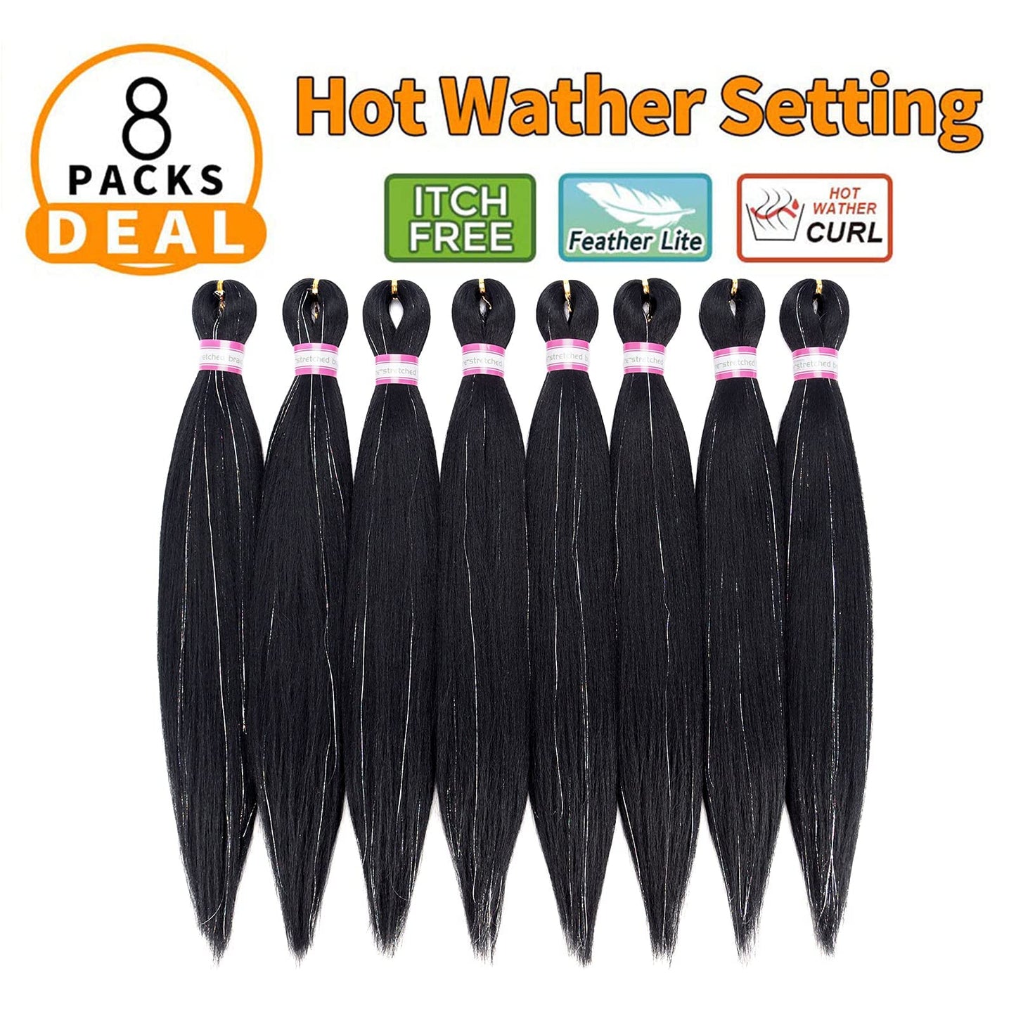 Pre Stretched Braiding Hair 8 Packs 20 Inch with Tinsel Hair Long Professional Hair for Crochet Twist Braids Itch Free Hot Water Setting Yaki Straight Synthetic Hair Extensions (#1B-Tinsel)