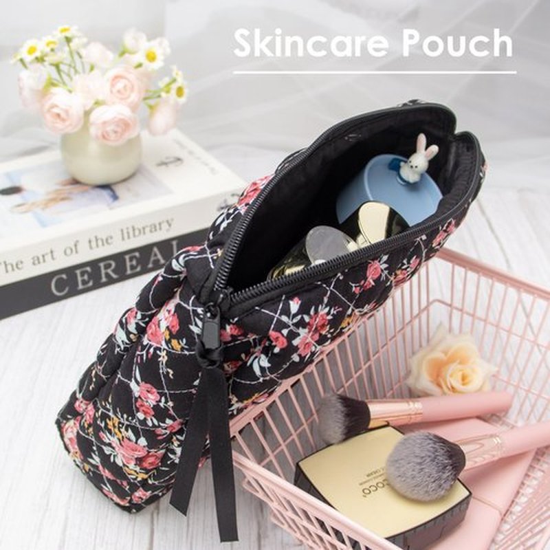 PAZIMIIK Cotton Makeup Bag for Women Large Quilted Travel Cosmetic Pouch Girls' Make Up Organizer,Rose Black