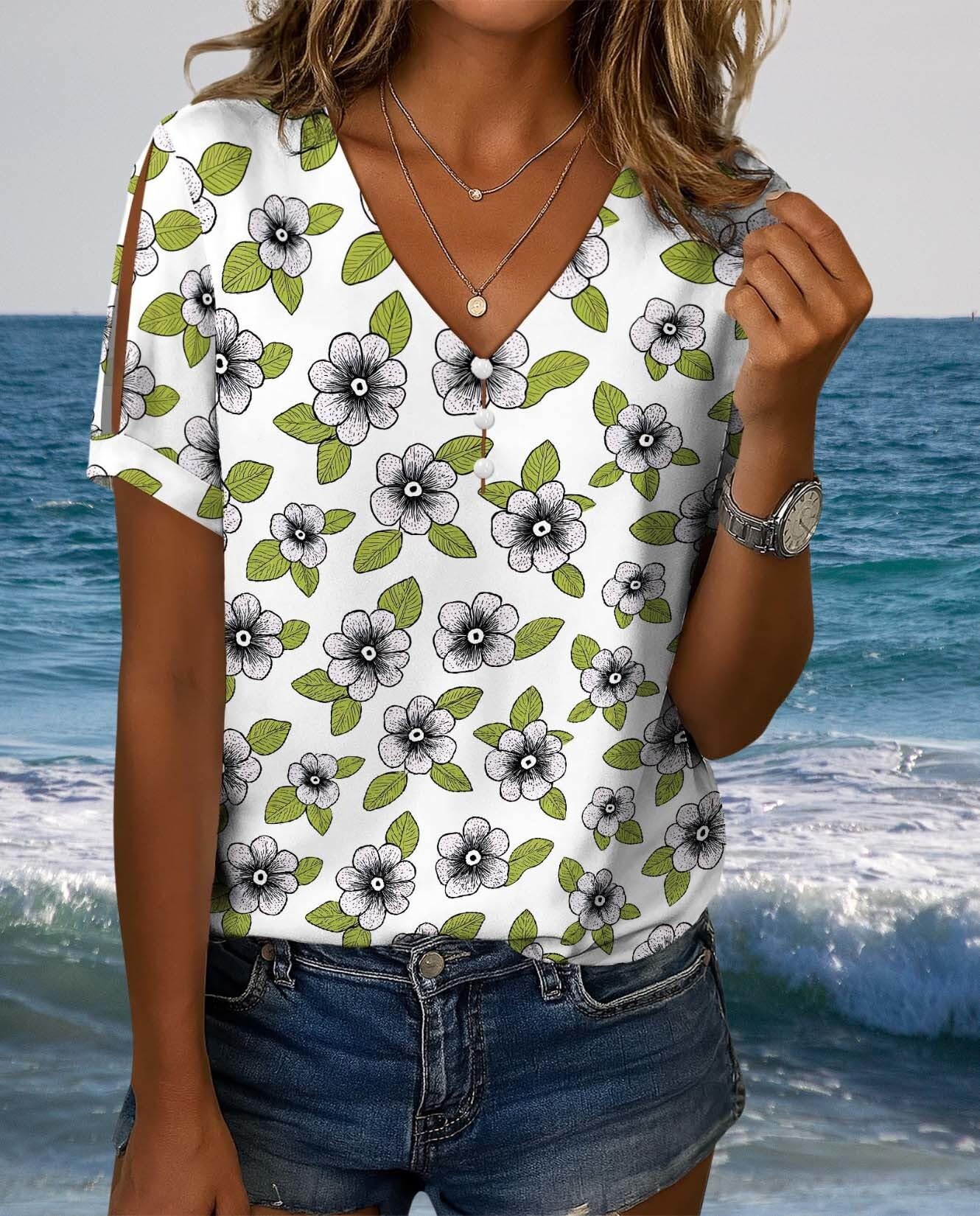 Summer Floral Print Boho Blouses for Women Casual Loose Fit Top Front Button V Neck Tee with Slit Short Sleeves Lightweight Relaxed Shirts