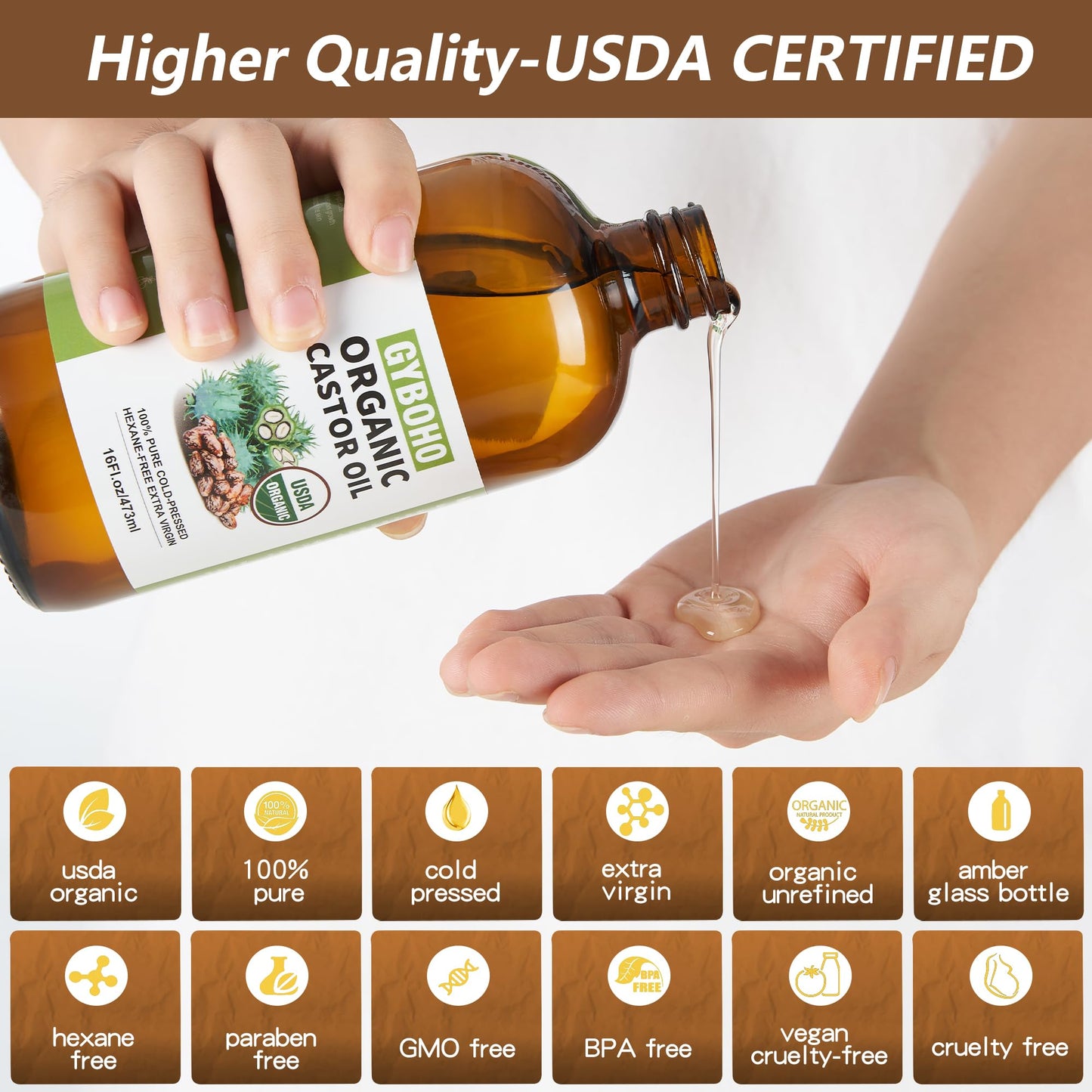 Castor Oil Organic for Pack Wrap, Liver Detox, Hair Growth -Face-Lashes & Eyebrows,Cold pressed,Glass Bottle Packaging(16oz)