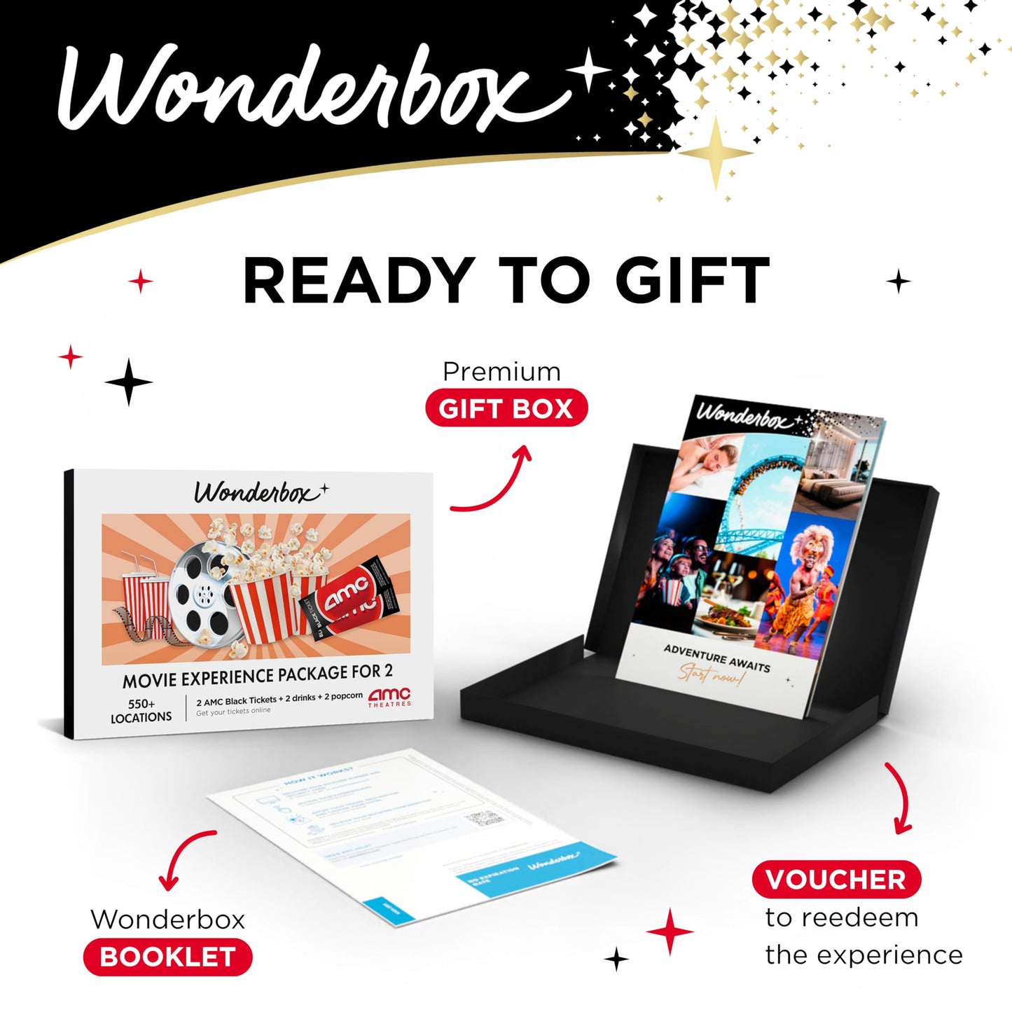 WONDERBOX AMC Movie Night Experience for 2, Gift Box with 2 Movie Tickets, Drinks & Popcorn, Valid at 550 Locations