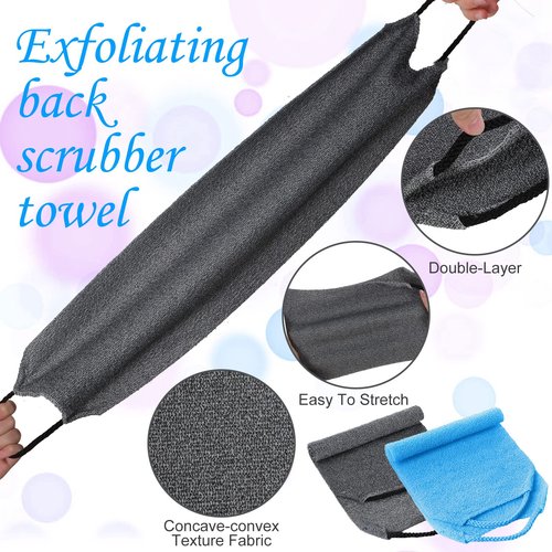 Moukeren Exfoliating Back Scrubber with Handles 4 Packs Nylon Back Exfoliator Extended Length Back Washers Scrubbers Stretchable Pull Strap(Dark Blue, Gray, Beige, Fluorescent Green)