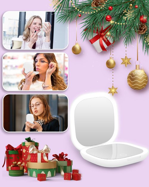 Dec.Metu Compact Mirror, 1X/5X Magnification Pocket Travel Makeup Mirror with Lights for Purse Rechargeable Small Handheld Mirror for Gift White
