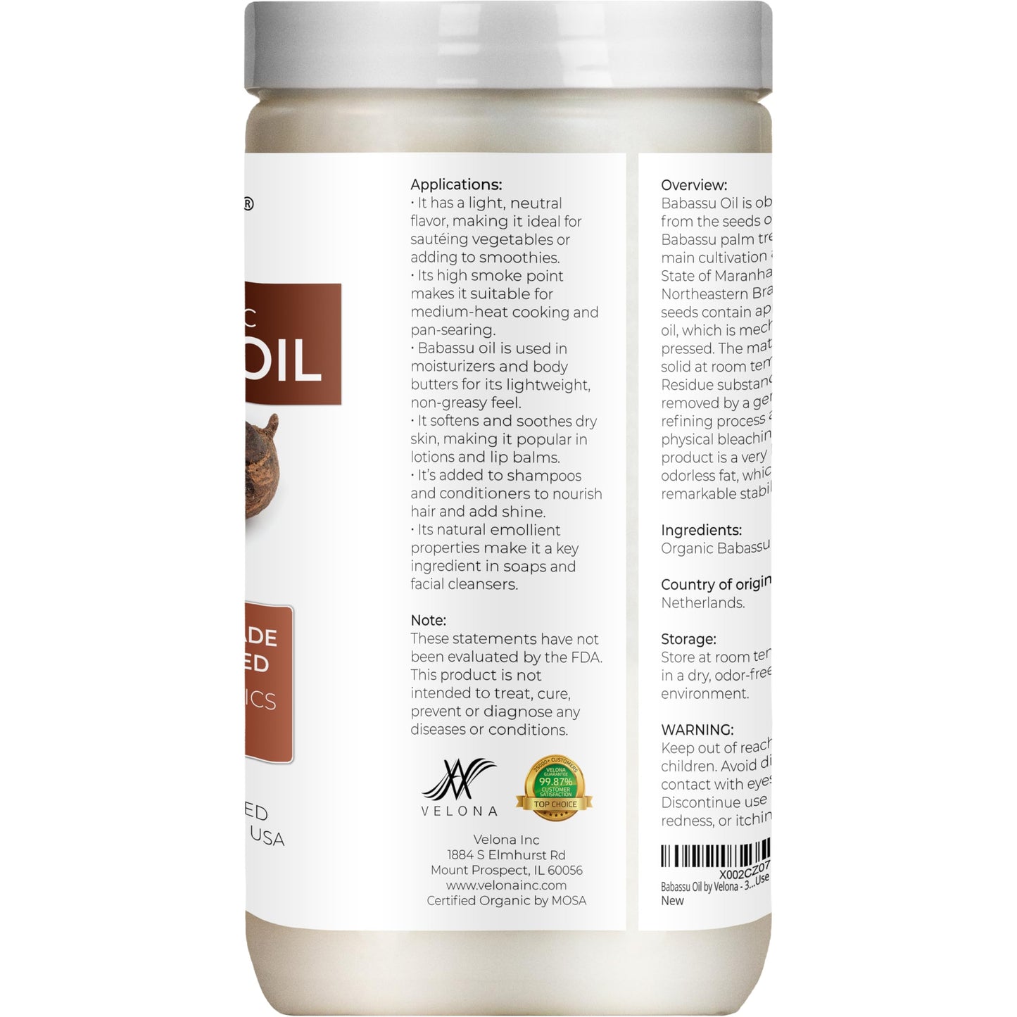 velona Babassu Oil USDA Certified Organic - 32 Fl Oz | 100% Pure and Natural Carrier Oil | Refined, Cold Pressed | Face, Hair, Body & Skin Care and Cooking | Use Today - Enjoy Results