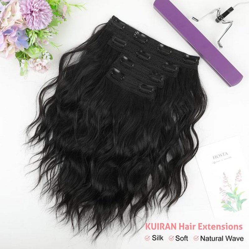 KUIRAN Hair Extensions, Clip in Hair Extensions 12" Short Curly Wavy Black Hair Extensions 4PCS Hair Extensions Invisible Lace Weft Natural Soft Hairpieces for Women - Natural Black