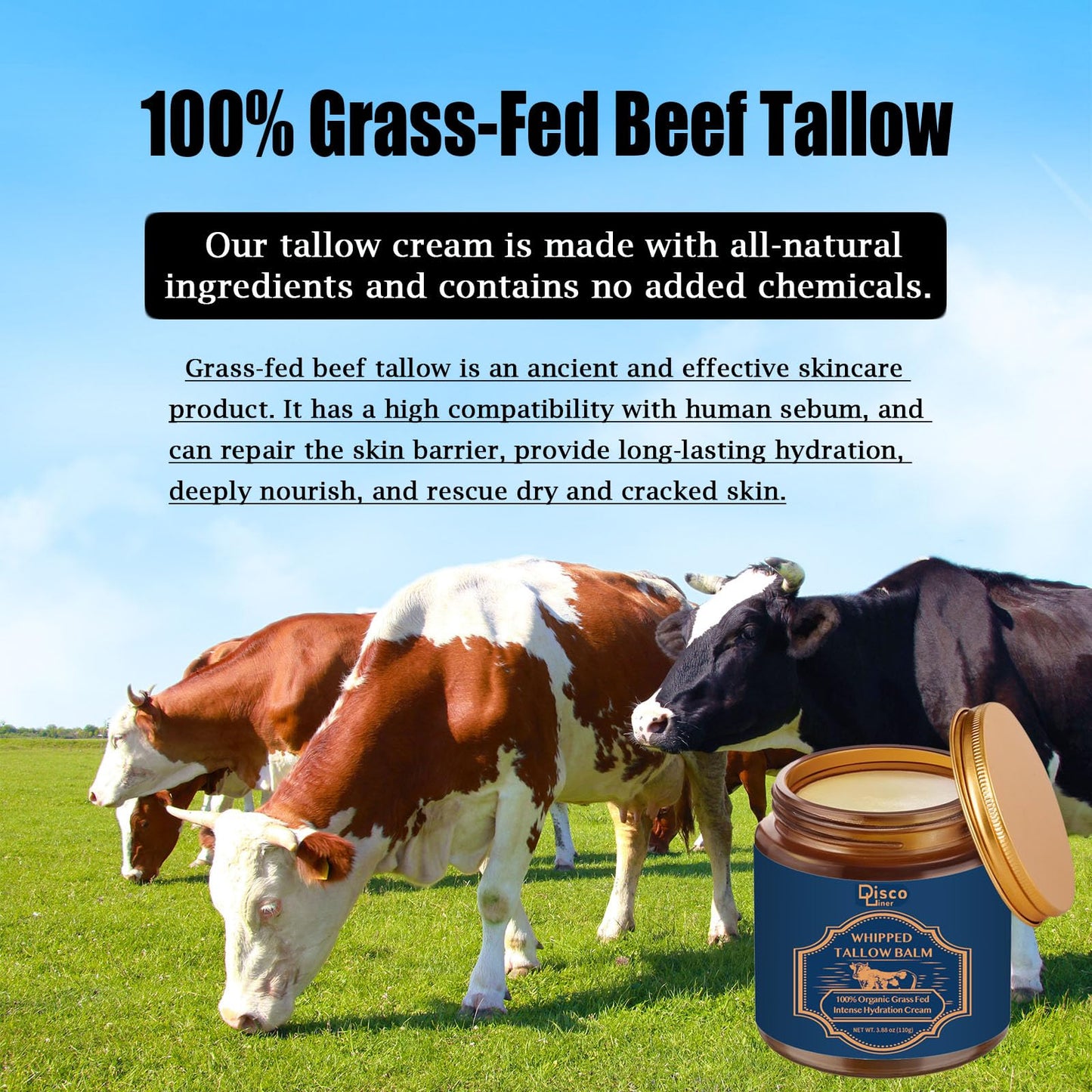 100% Grass Fed Whipped Beef Tallow Balm, Ultra Moisturizing Skin Cream for Face, Body Hands, Natural Skincare with Honey Coconut Oil Olive Oil and Avocado Oil for All Skin (1)
