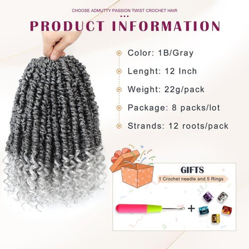 Passion Twist Crochet Hair,Pretwisted Crochet Hair 12 Inch Passion Twist Hair,Passion Twist Crochet Hair 8 Packs Pretwisted Passion Twist Hair,Short Pre Looped Crochet Hair for Black Women(1B/gray)