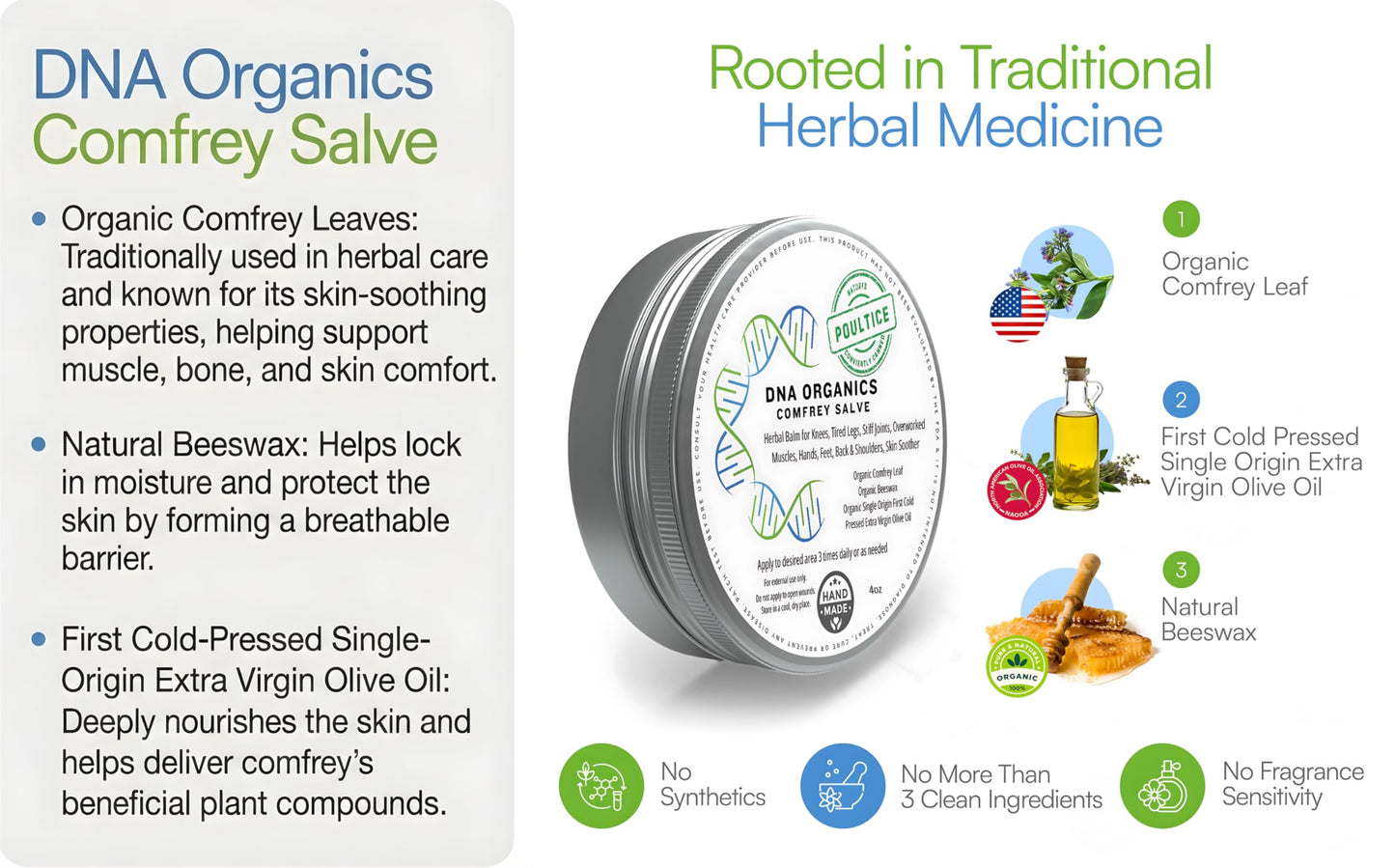 Wild Castle DNA Organics 10 oz Comfrey Salve Bundle. Herbal Balm for Bones, Muscles, Joints, Knees, Skin, Swelling & Tattoo Care. Handcrafted, Slow-Infused. No Chemical Fillers (2 × 4oz + 1 × 2oz)