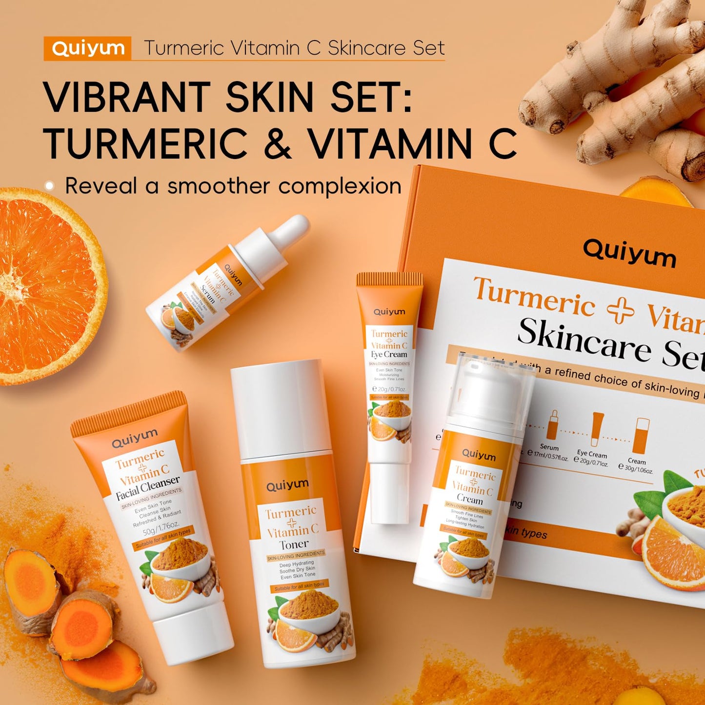 QUIYUM Skin Care Set, Turmeric Vitamin C Skincare Kits 5PCS - Beauty Facial Skin Care Routine Set Kit for Women, Dark Spot Remover for Face, Reduce Acne, Even Tone, Glow, Valentine's Day Birthday Gift
