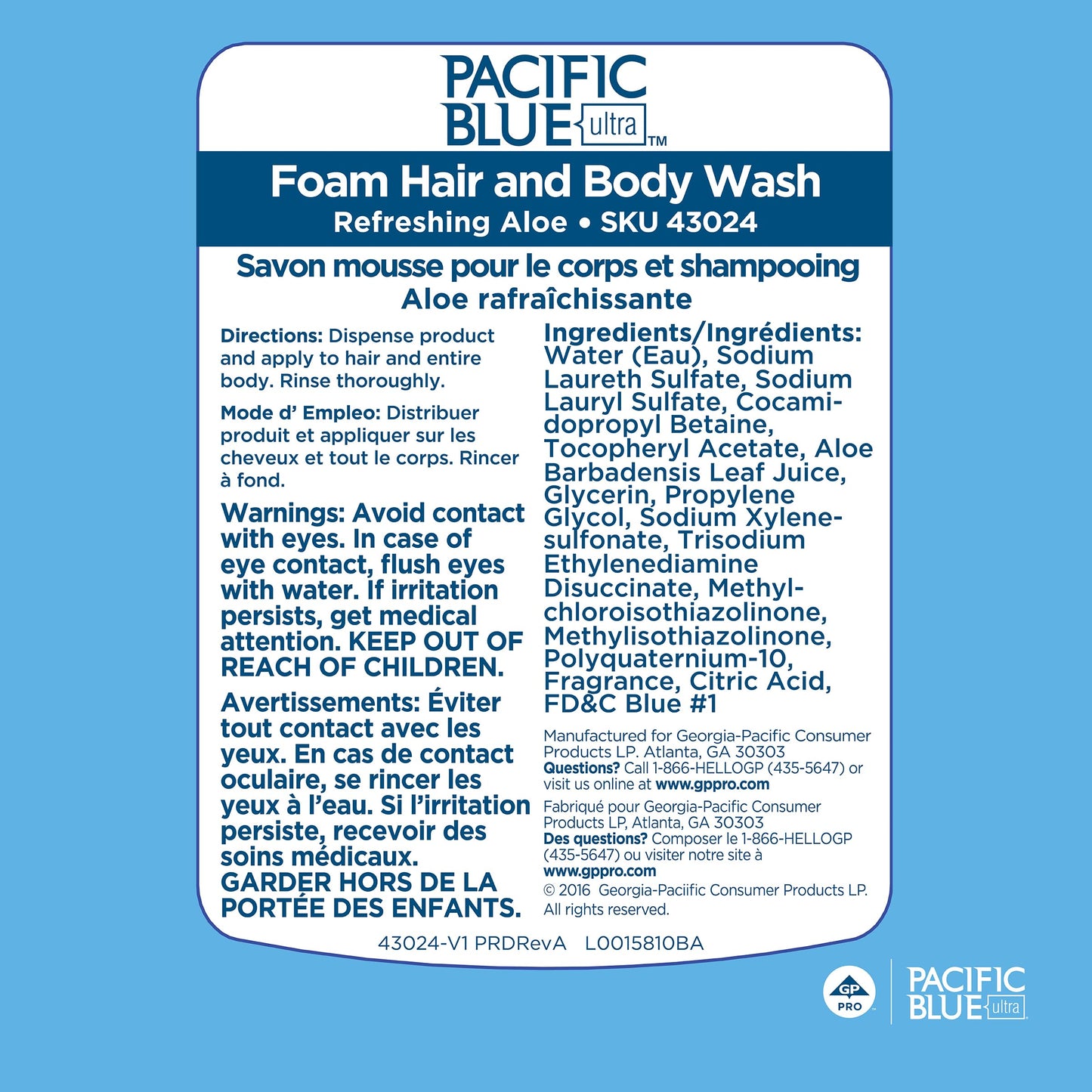 Pacific Blue Ultra Foam Hair and Body Soap Refill by GP PRO (Georgia-Pacific), Refreshing Aloe Scent, 43024, 1200 mL Per Refill, 4 Refills Per Case