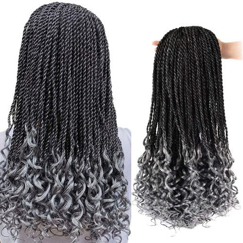 HVN-KVVM 18 Inch Senegalese Twist Crochet Hair with Curly Ends Prelooped Goddess Box Braids Crochet Hair for Black Women Salt and Pepper(5 Packs,1B/Gray)