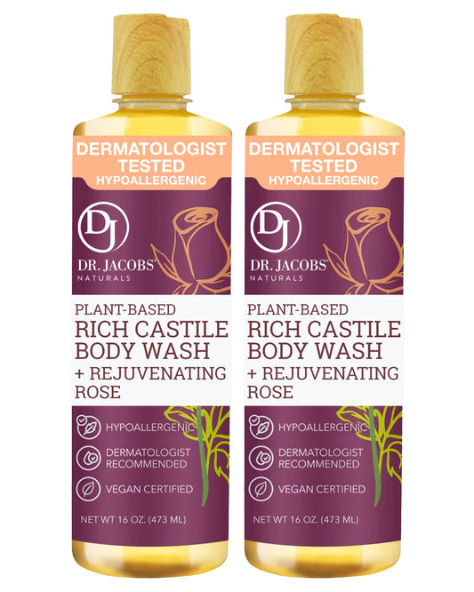 Dr. Jacobs Naturals Pure Castile Soap Liquid Body Wash, Rose - Plant Based Body Soap Infused with Vitamin E and Aloe Vera to Moisturize Dry and Sensitive Skin - Made in The USA - 16 oz, Pack of 2